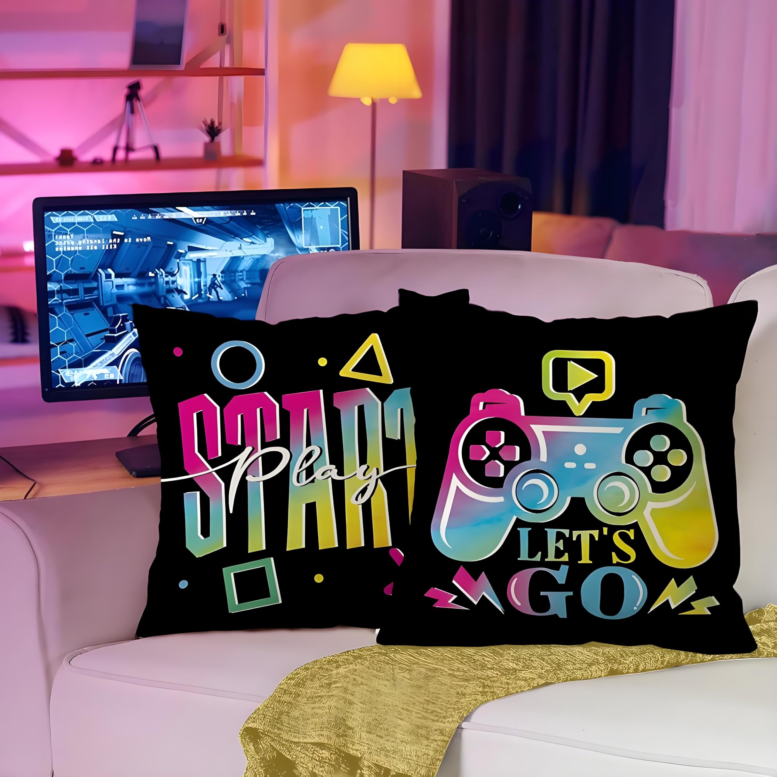 Tivleed Gaming Cushion Cover 45x45cm (Pack of 2) – Controller & Console Design Linen Pillow Case for Boys Bedroom, Gaming Room, Sofa & Chair Decor