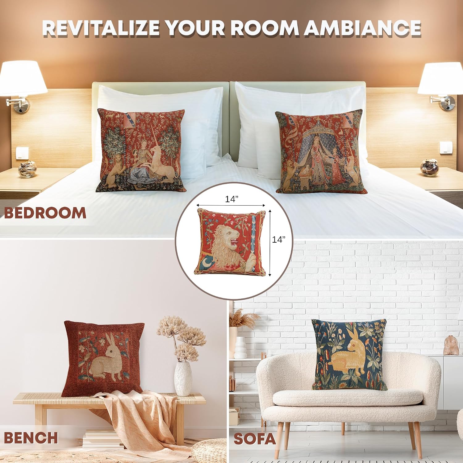 Charlotte Home Furnishings Couch Pillow Covers 14x14 in, Tapestry Throw Pillow Cover for Bed Living Room, Medieval Lion Red Decorative French Country Sofa Cushion Cases, Soft Cotton Jacquard Woven