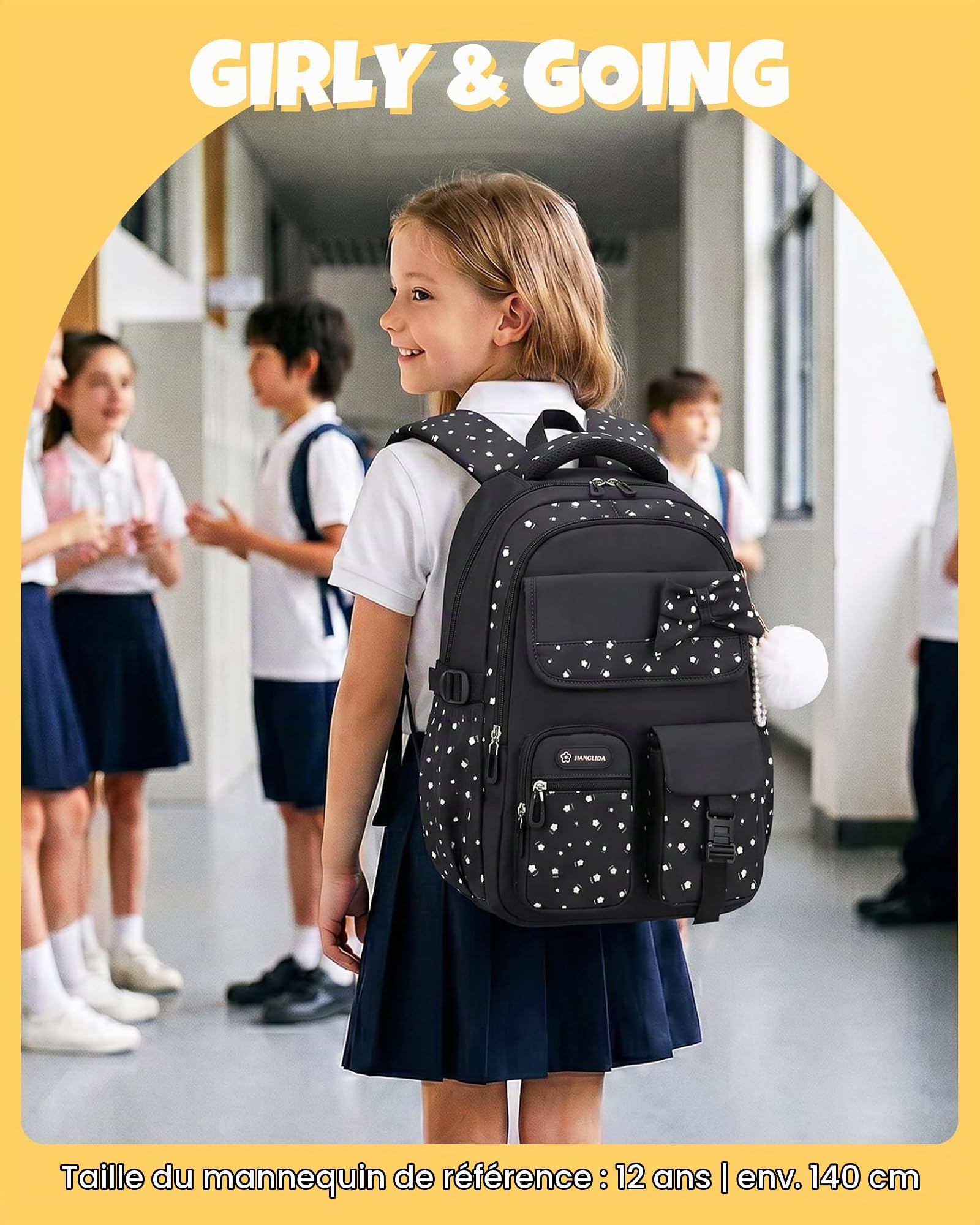 Amythe Cartable École Ados Filles 6 à 15 ans Imperméable Noir | Lycée Collège Grand Imperméable Junior Noir Daypack Multi-Poches Spacieux Robuste pour École Voyage Randonnée Loisir