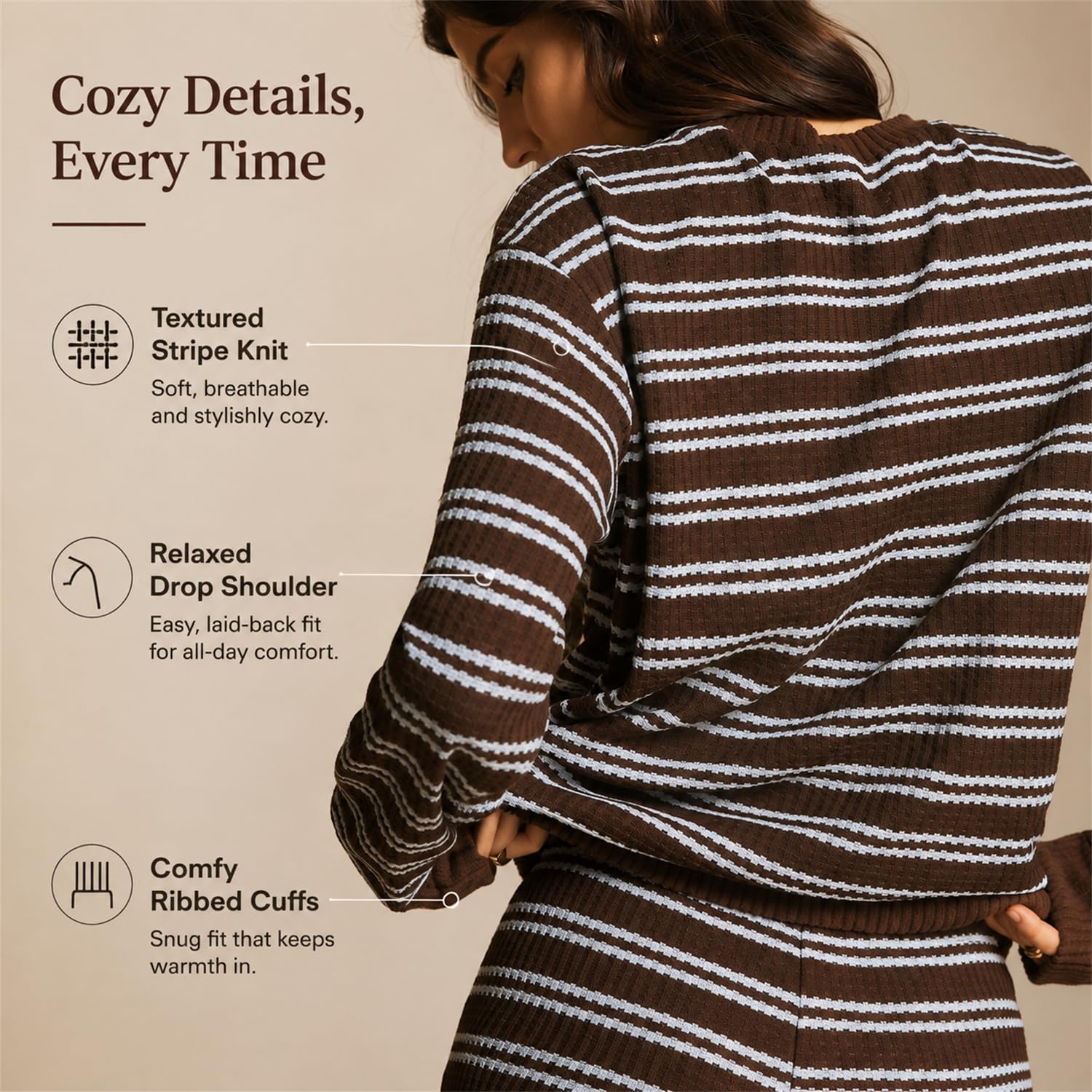 Completo casual da donna in maglia a righe con maglia a maniche lunghe e