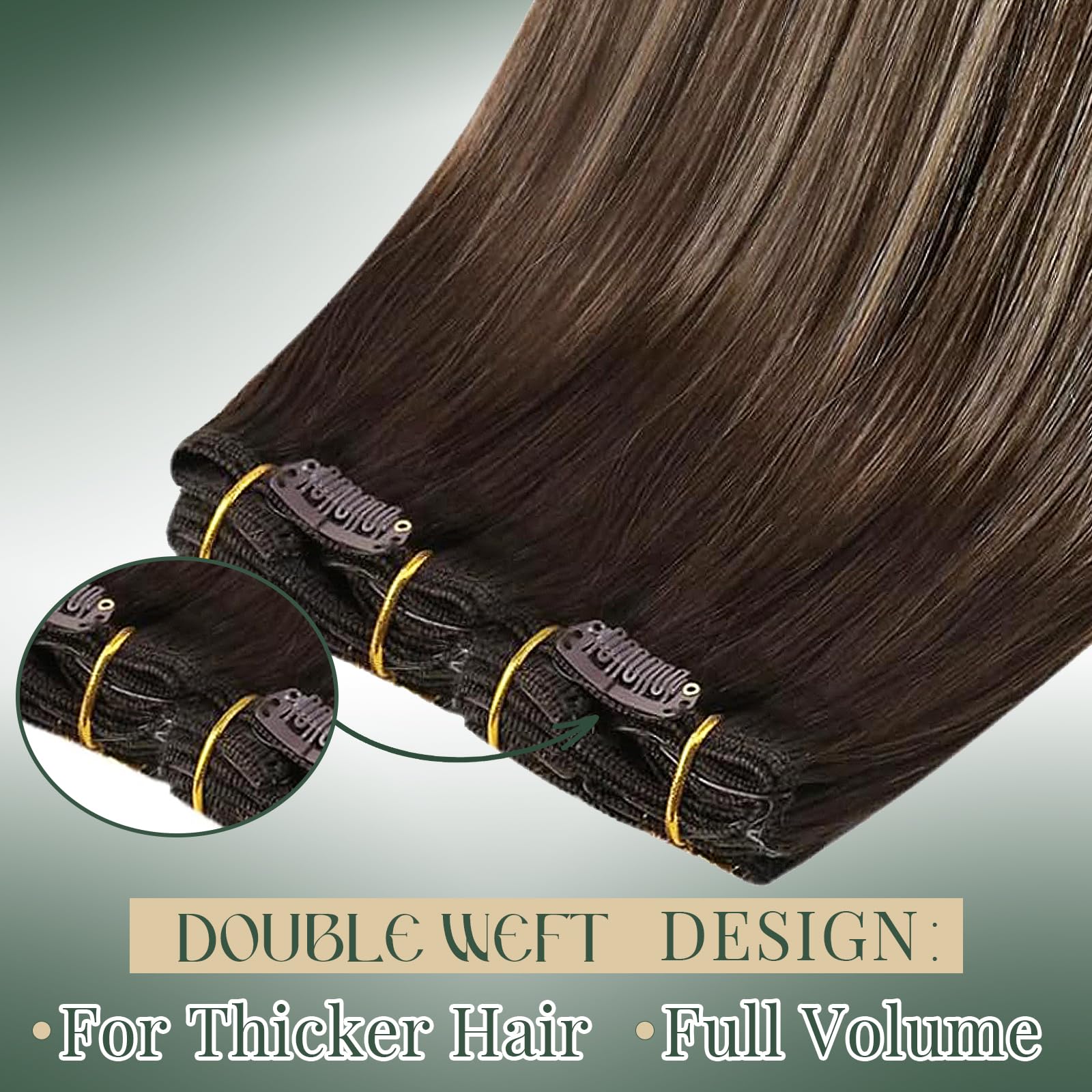 Ugeat Przedłużanie Włosów Clip in, Włosy Ludzkie, Balayage Ciemny Brąz, 50 cm 7 sztuk 120g, Włosy Clip in Extensions Popielaty Brąz, Remy Naturalne Proste