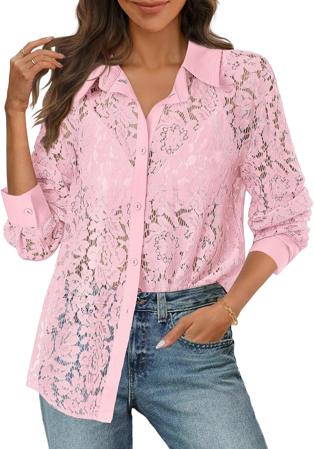 MEROKEETY Women's Lace Long Sleeve Tops Dressy Casual Blouse Button Down Sheer Elegant Summer Shirts