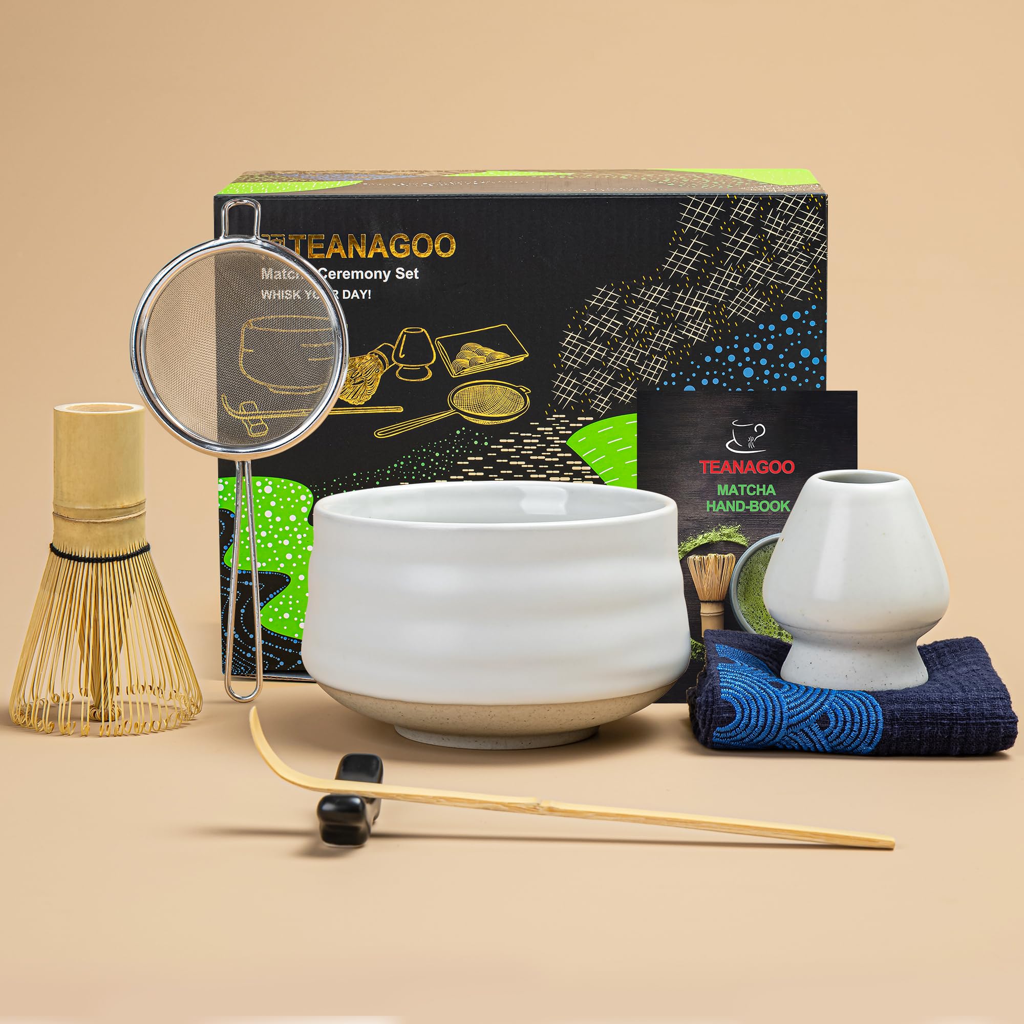 TEANAGOO Matcha Tea Set, Japanese Tea Set, Matcha Bowl, Matcha Bamboo Whisk, Scoop, Sifter, Matcha Whisk Holder, Matcha Whisk Stand, Matcha Whisk Set MSB-1,Matcha Green Tea Powder Kit. Matcha Tea Kit