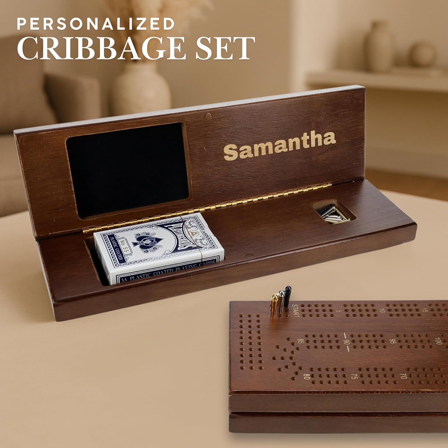 WE Games Custom Engraved Wooden Cribbage Game Set Walnut Stain, Continuous 3 Track for 2-3 Players, Travel Cribbage Board with Card Storage, Classic Board Games for Adults