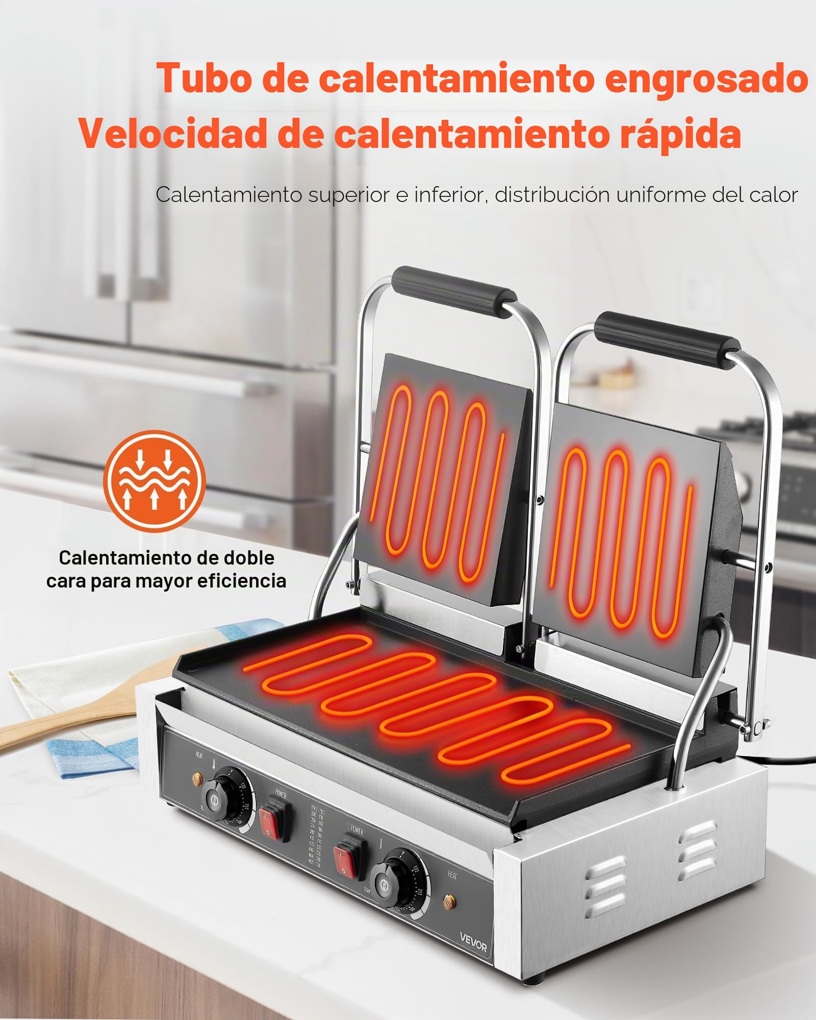 VEVOR Parrilla de Contacto Eléctrica de 3600 W, para Sándwiches, de Acero Inoxidable con Control de Temperatura, Doble Placa Plana Esmaltada de 48 x 23 cm, para Hamburguesas, Filetes y Tocino