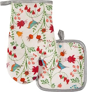 Kitchen Oven Mitts and Pot Holders Sets,The Pioneer Woman Flower Bird Print Oven Gloves and Potholders,Heat-Resistant Oven Gloves and Hot Pads,Pioneer Woman Kitchen Accessories,Gifts for Women