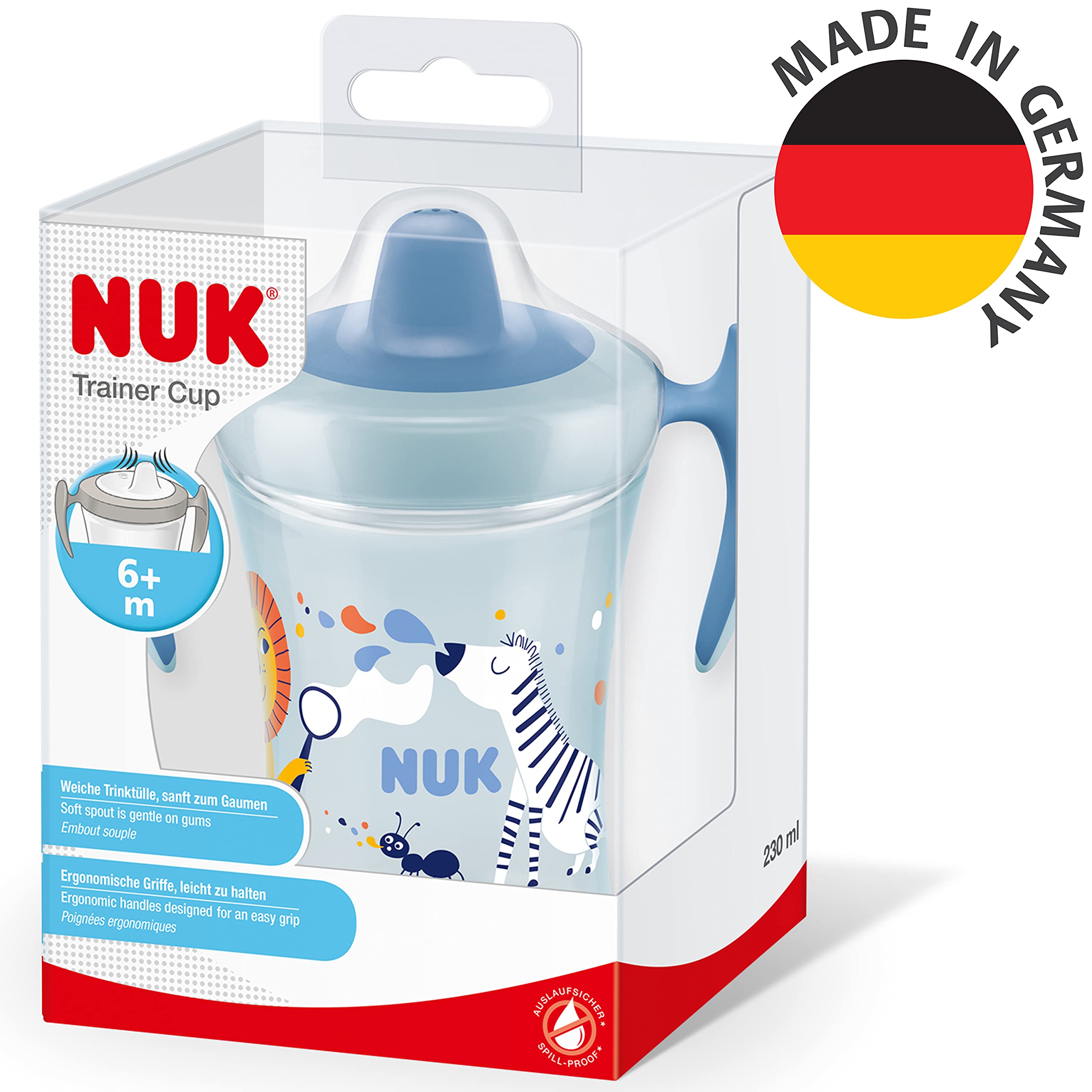 NUK 10255608 Trainer Cup Kubek niekapek | Niekapiący ustnik z miękkiego materiału | Od 6 miesięcy | Nie zawiera BPA | 230 ml | Zebra (niebieska)
