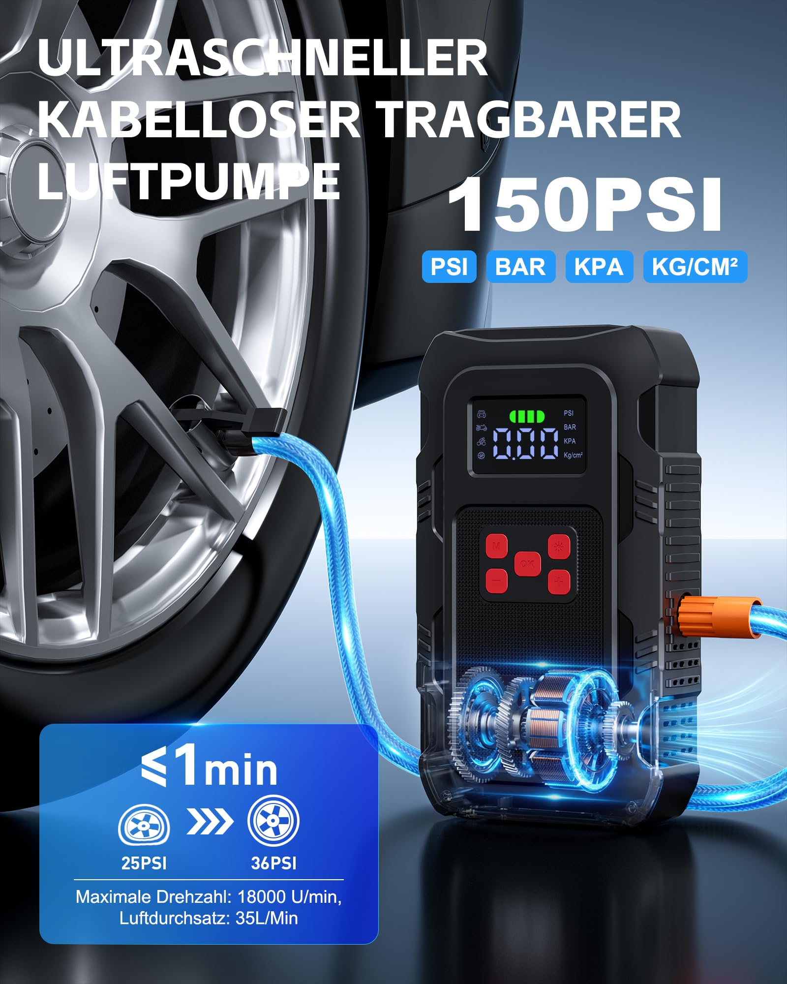 Povasee Starthilfe Powerbank für Pkw mit Kompressor 150 PSI, 6000A Starter Powerbank mit Elektrische Luftpumpe, 12V Auto Starthilfe (10L Benzin/8L Diesel), Jump Starter mit Taschenlampe (Rot)
