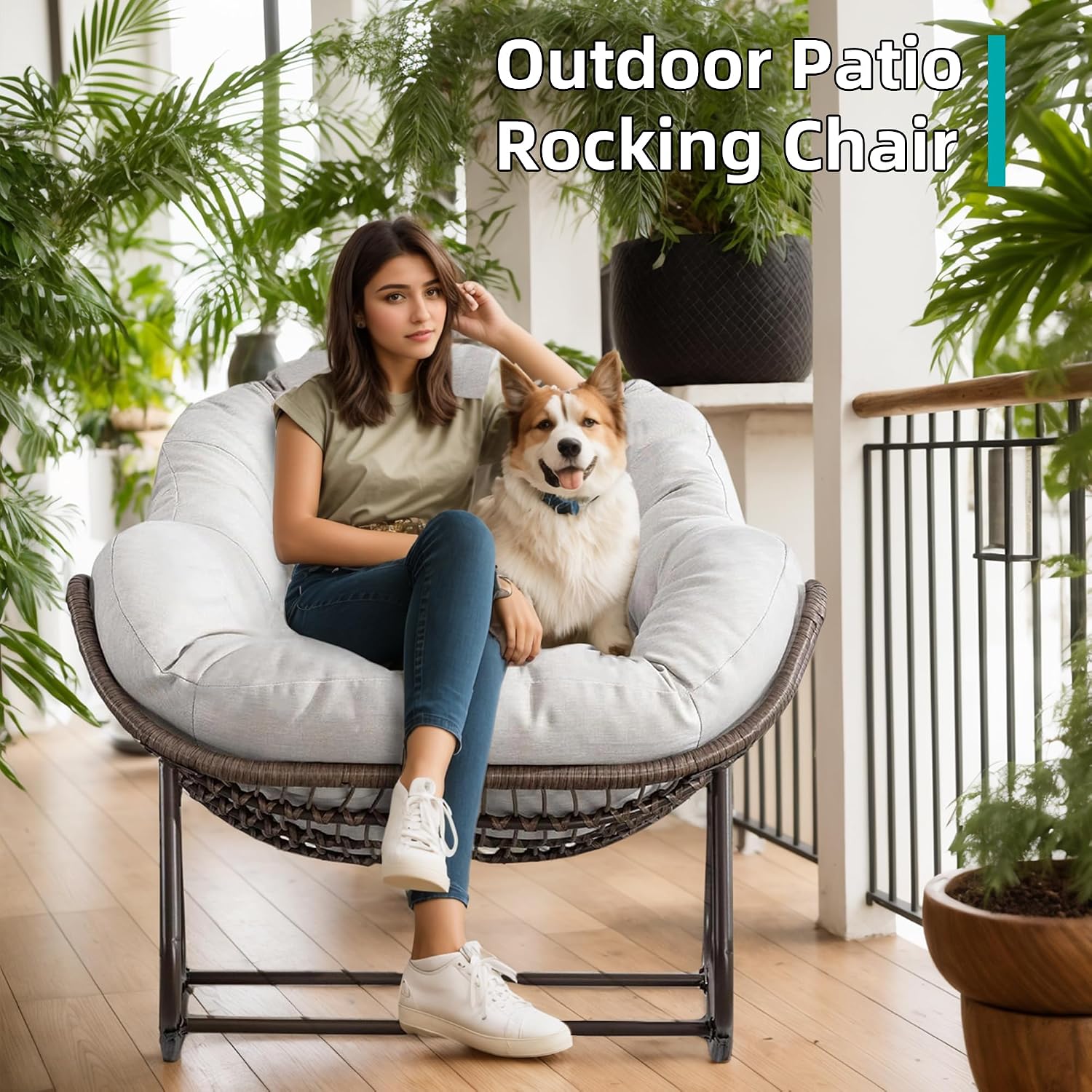 QQU Patio Rocking Chairs Indoor & Outdoor, Oversized Padded Oversized Rocking Chairs, All-Weather Papasan Rocking Chair with Cushion & Frame, Modern Lounge Egg Chairs, Extra Wide Rocking Chair, Beige