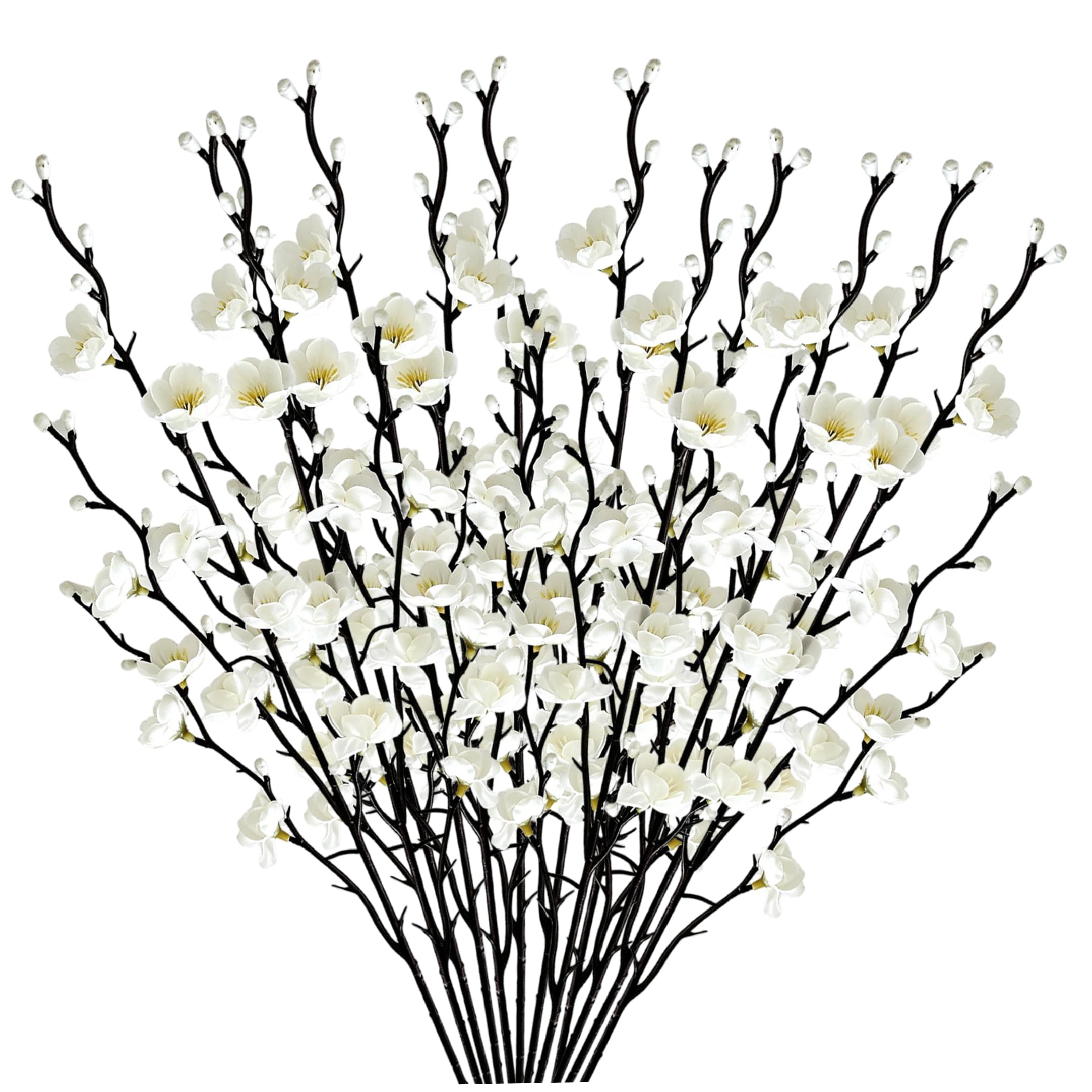 Ginwrek Faux Branches for Vase 12 Pcs Plum Blossom Faux Branches For Vase, Artificial Stems With Dark Stems & Buds, White