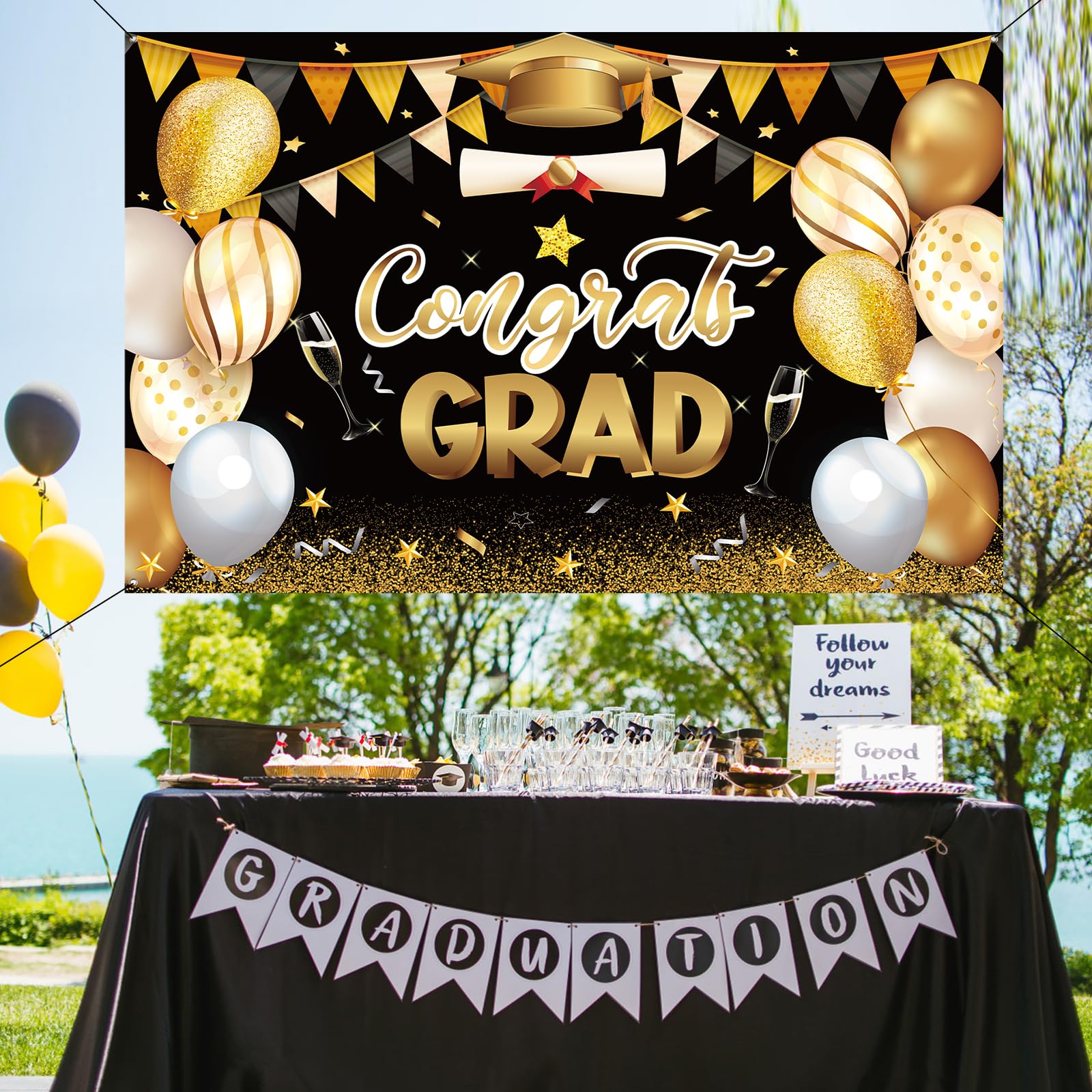 Banner di Laurea 2024, 180x115 cm Banner di Congratulazioni Extra Large Nero e Oro Decorazioni per Sfondo di Laurea per Feste Forniture per Oggetti di Scena per la Fotografia