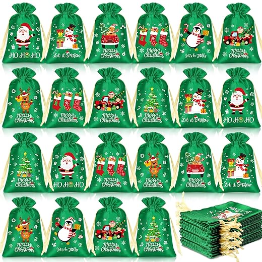 Locmeo 100 Pcs Christmas Satin Drawstring Bags Xmas Gift Pouch Bags Christmas Gift Bags Mini Christmas Gift Jewelry Sacks for Christmas Birthday Party Gift Wrapping (Green,5 x 7 Inch)
