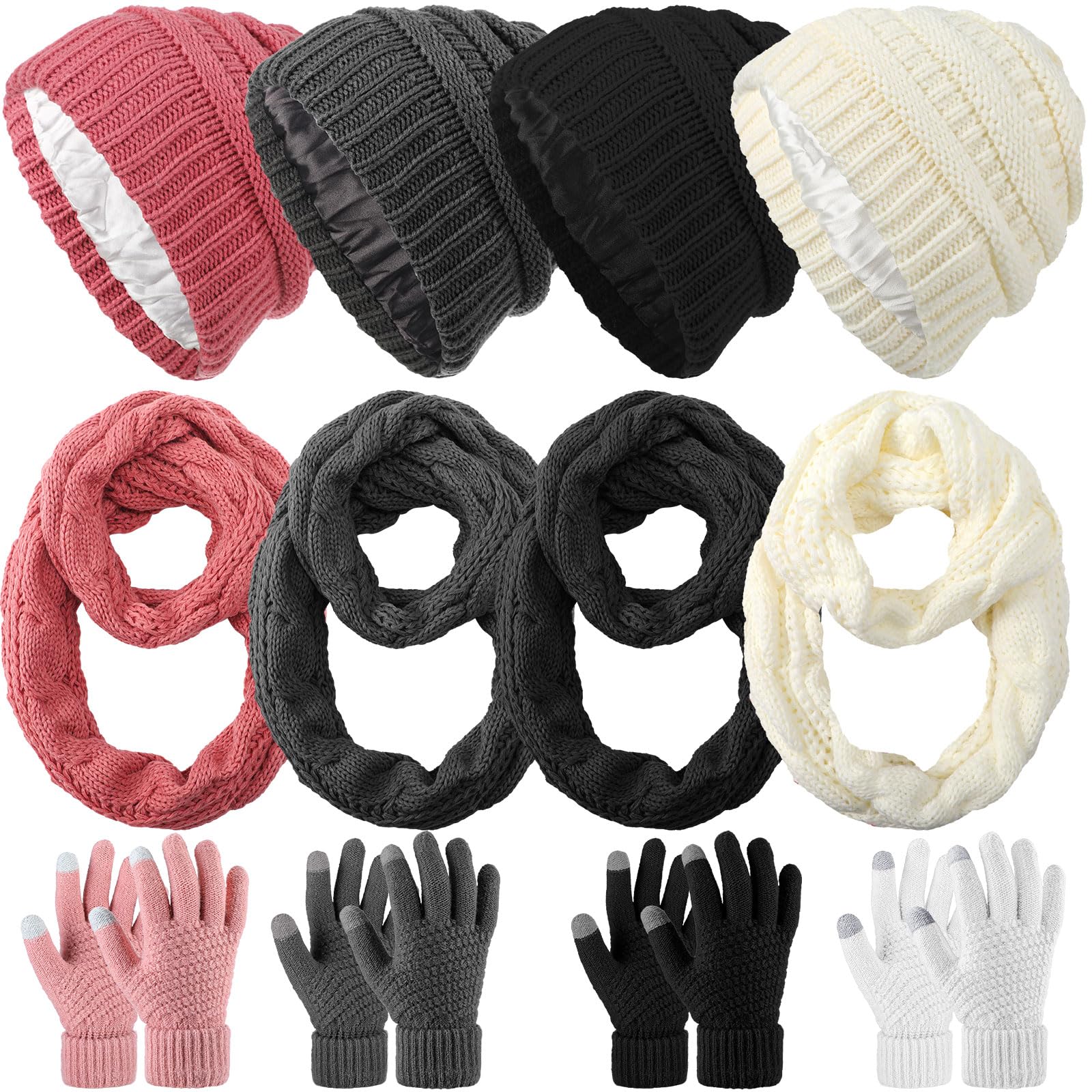 Neer12 Pcs Women Hats Gloves Scarf Set Winter Knit Cable Satin Lined Hat Soft Warm Scarf Touchscreen Gloves for Women