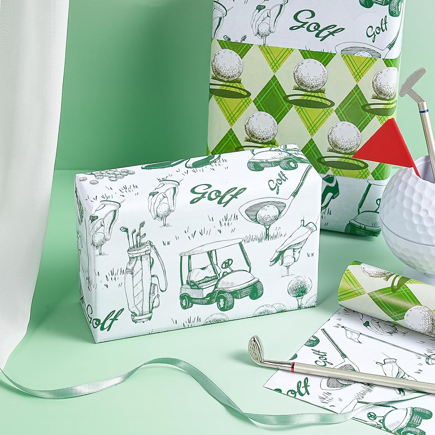 RUSPEPA Reversible Golf Wrapping Paper Roll, Mini Roll, Vintage Golfer Illustration & Green Argyle Golf Ball Pattern, Double-Sided Gift Wrap for Dad, Men, Father's Day, Birthday, 17 Inches x 16.4 Feet