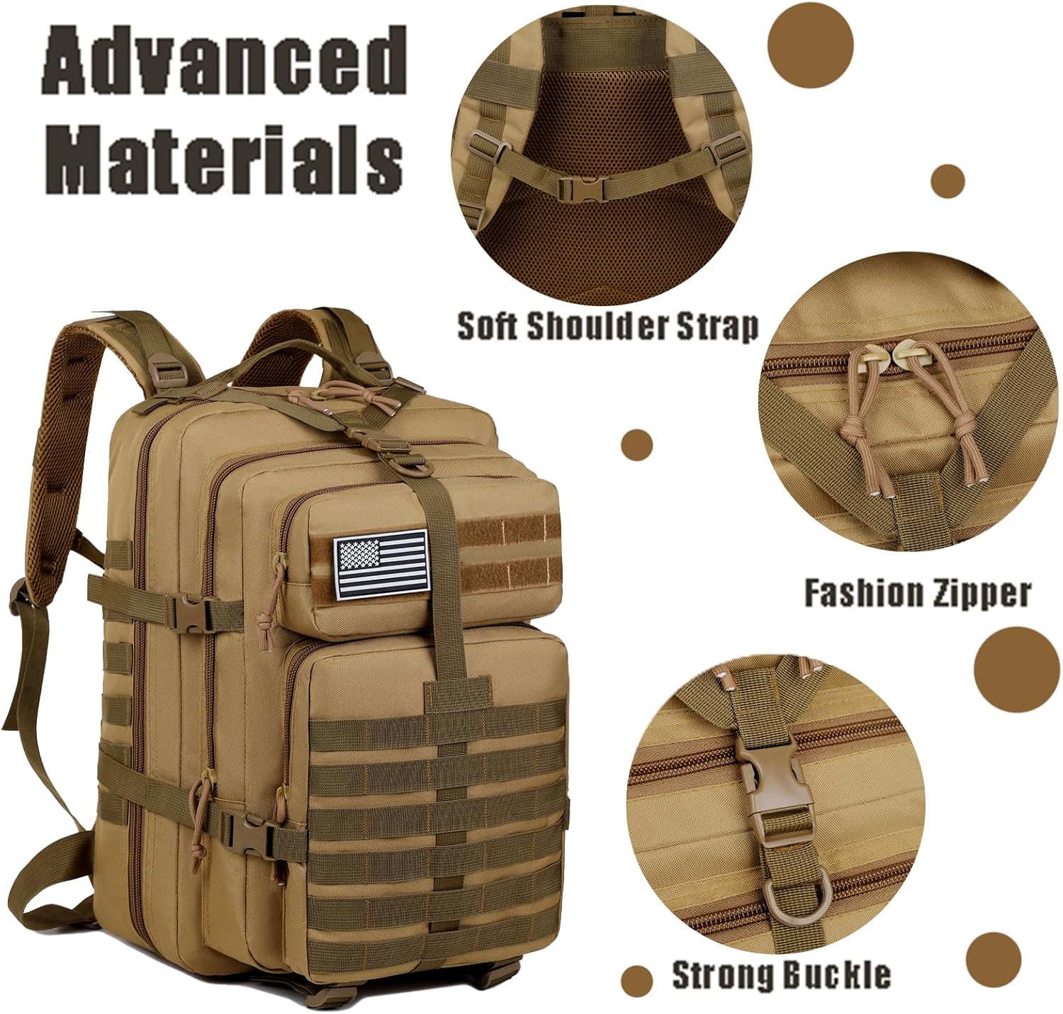 Military Tactical Backpack for Men, 45L Large 3 Day Assault Pack MOLLE Bag, Waterproof Rucksack for Outdoor Hiking, Camping, Trekking & Survival, Includes American Flag Patch - Tactical Green