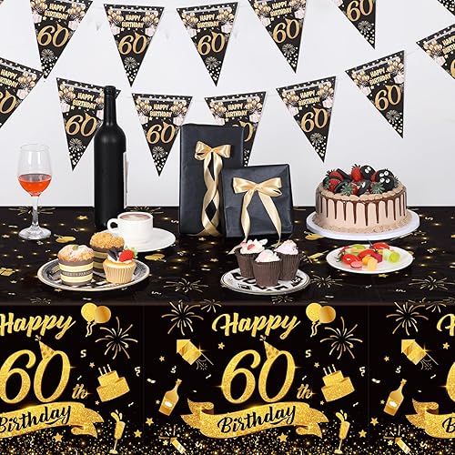 Miniatura 4 de Paquete de 3 manteles de plástico para cumpleaños de 60 años, 54 x 108 pulgadas, desechables, color negro y dorado, mantel rectangular impermeable