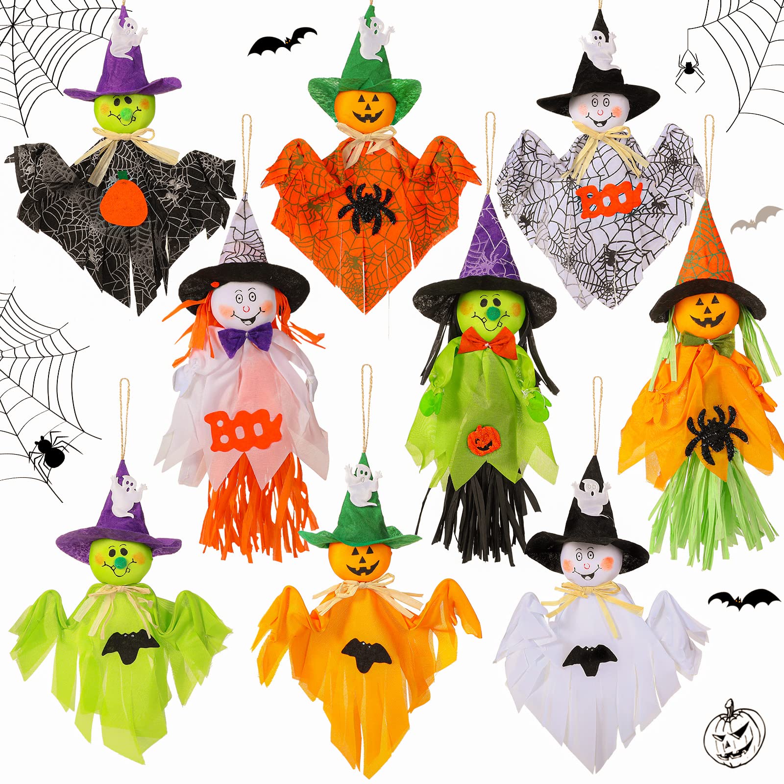 Zomiboo 9 Pack Halloween Decoration Hanging Ghost Pumpkins Decorations Tree Scary Pumpkin Witch Spider Bat Straw Windsock Pendant for Patio Lawn