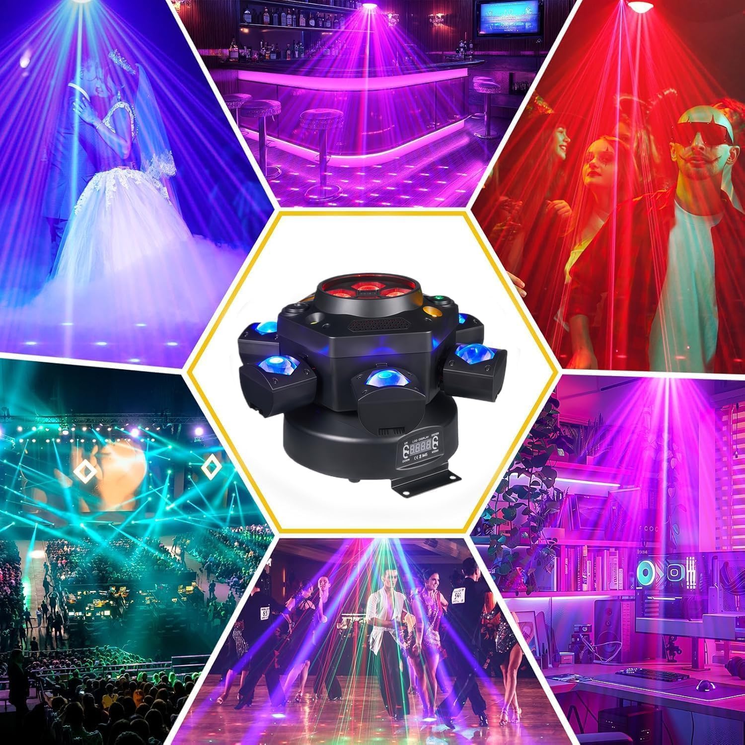 2026 Nouvelle lampe atmosphérique LED multi-faisceaux, lampe de scène rotative à 6 bras de 150W, 0-100% de dimmabilité, laser/stroboscopique, support de télécommande et activation par son pour DJ