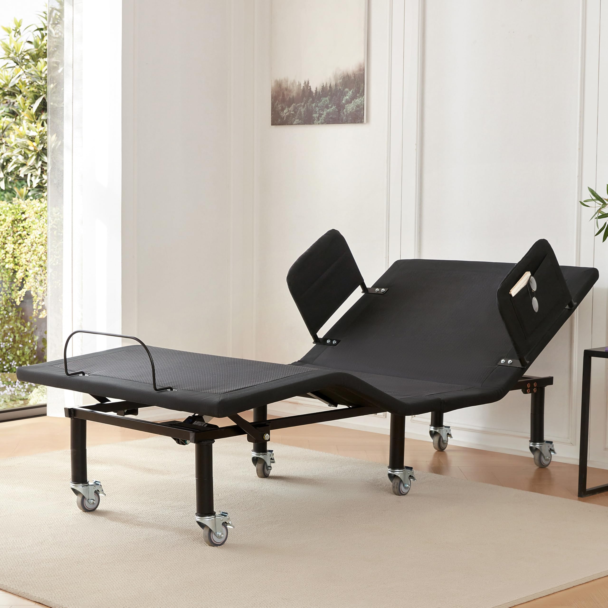 Renanim Twin XL Adjustable Bed Frame with Side Rails for Adults - Adjustable Base Only, Wireless Remote, Under-Bed Light, Brake Wheel Legs Zero