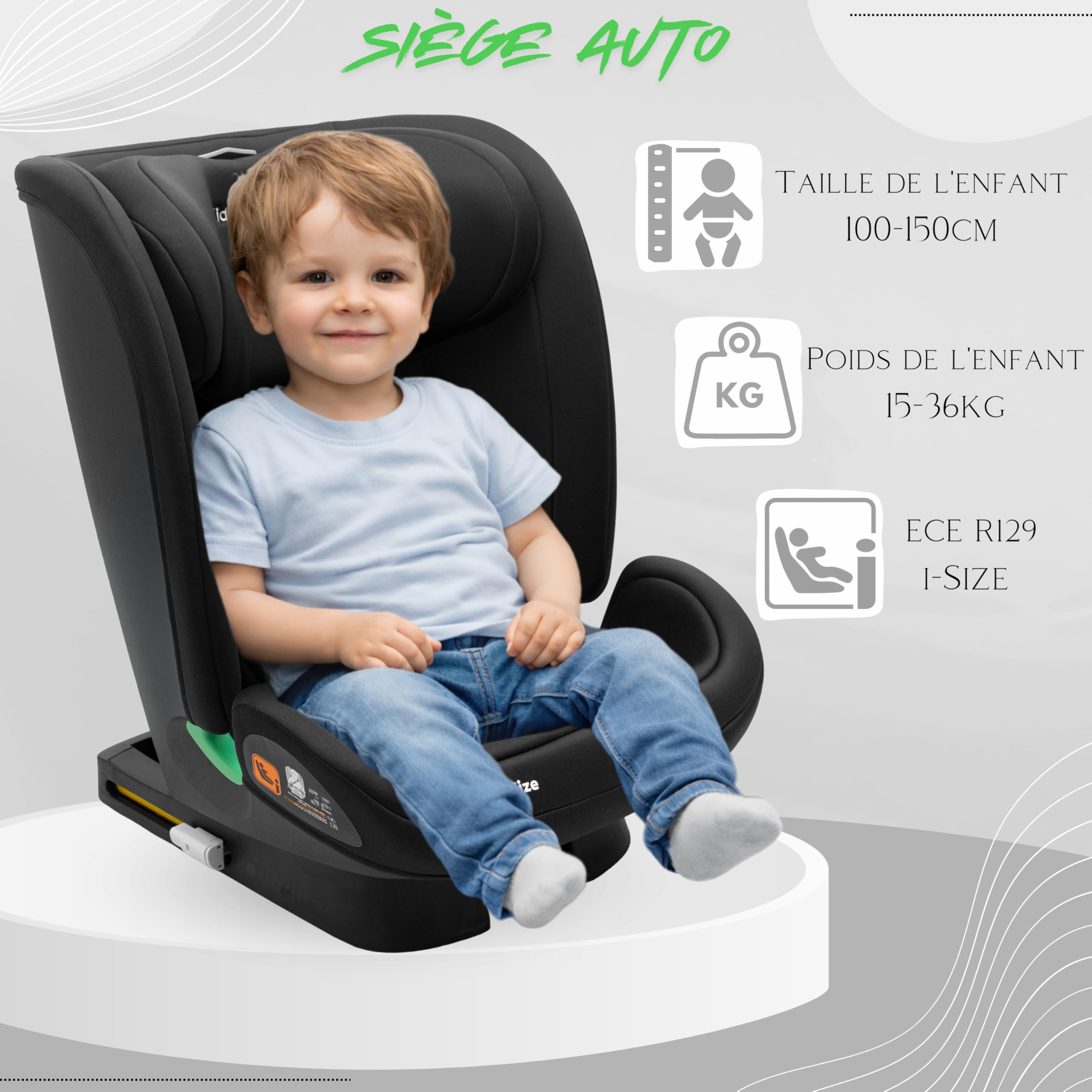 KidsZone Siège Auto 15 à 36 kg Isofix 100-150cm, i-Size ECE R129 - Siege Auto Isofix Groupe 2 3 de 4 à 12 ans - 7 Positions d’inclinaison, 9 Positions d'Appui-tête, Protection Latérale