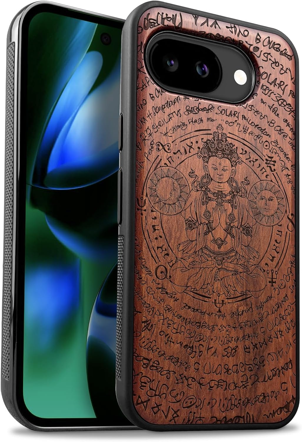 Carveit Magnetic Wooden Case for Google Pixel 10a Case, Wood Artisan Engraved & Soft TPU Shockproof Cover, Compatible with MagSafe Wireless Chargers (Enigmatic Buddha) Walnut