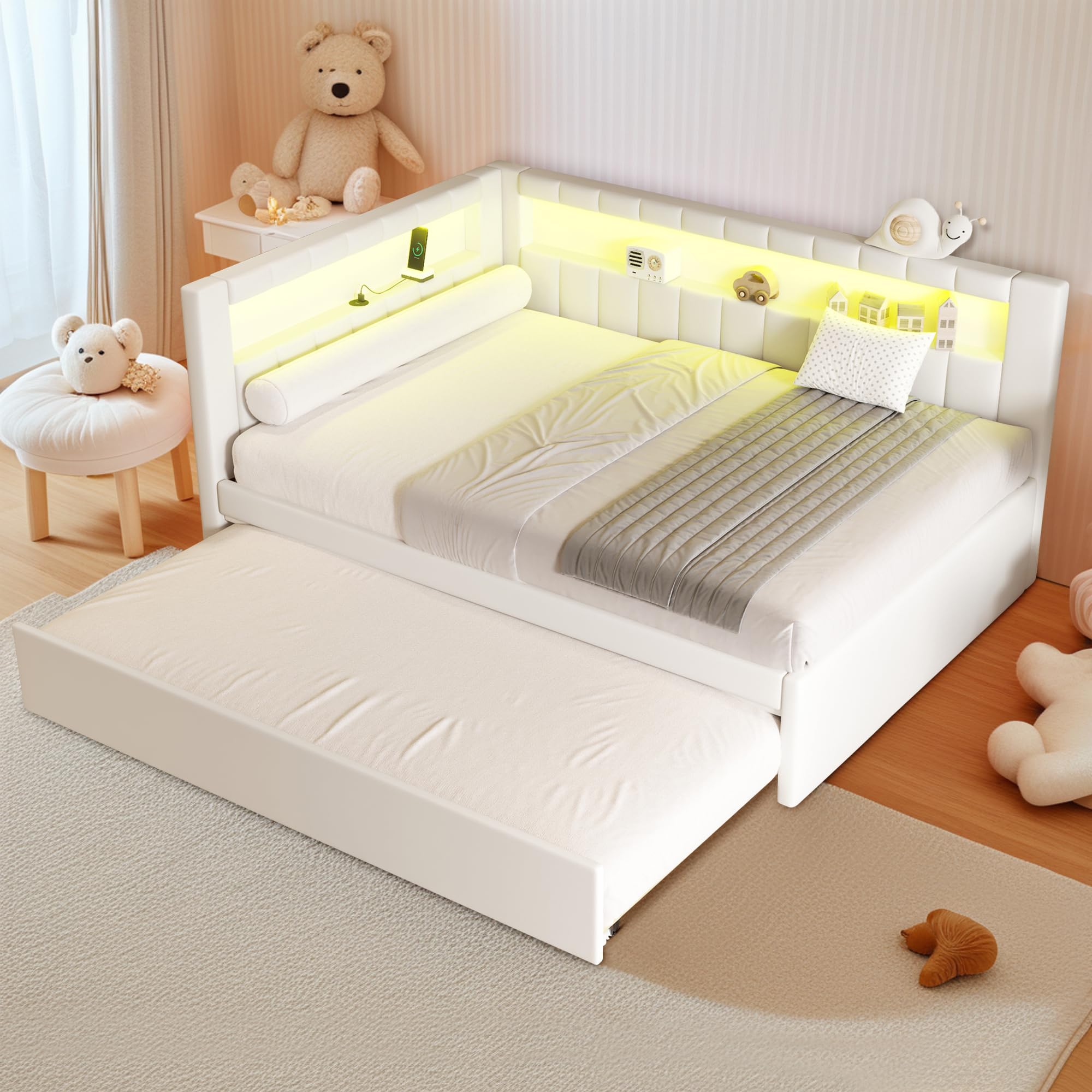 DNYN Full Size Upholstered Daybed with Trundle for Kids Bedroom,Super Cute Wooden Bedframe w/Led & USB Ports Design,Easy Assembly & No Box Spring
