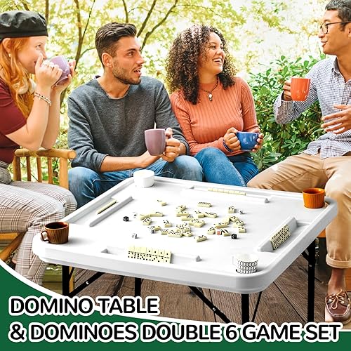 Miniatura 5 de Juego de mesa de juego de dominó plegable de 2 piezas, mesa de plástico de 38 pulgadas y dominó estándar con caja de cuero, mesa cuadrada con 28