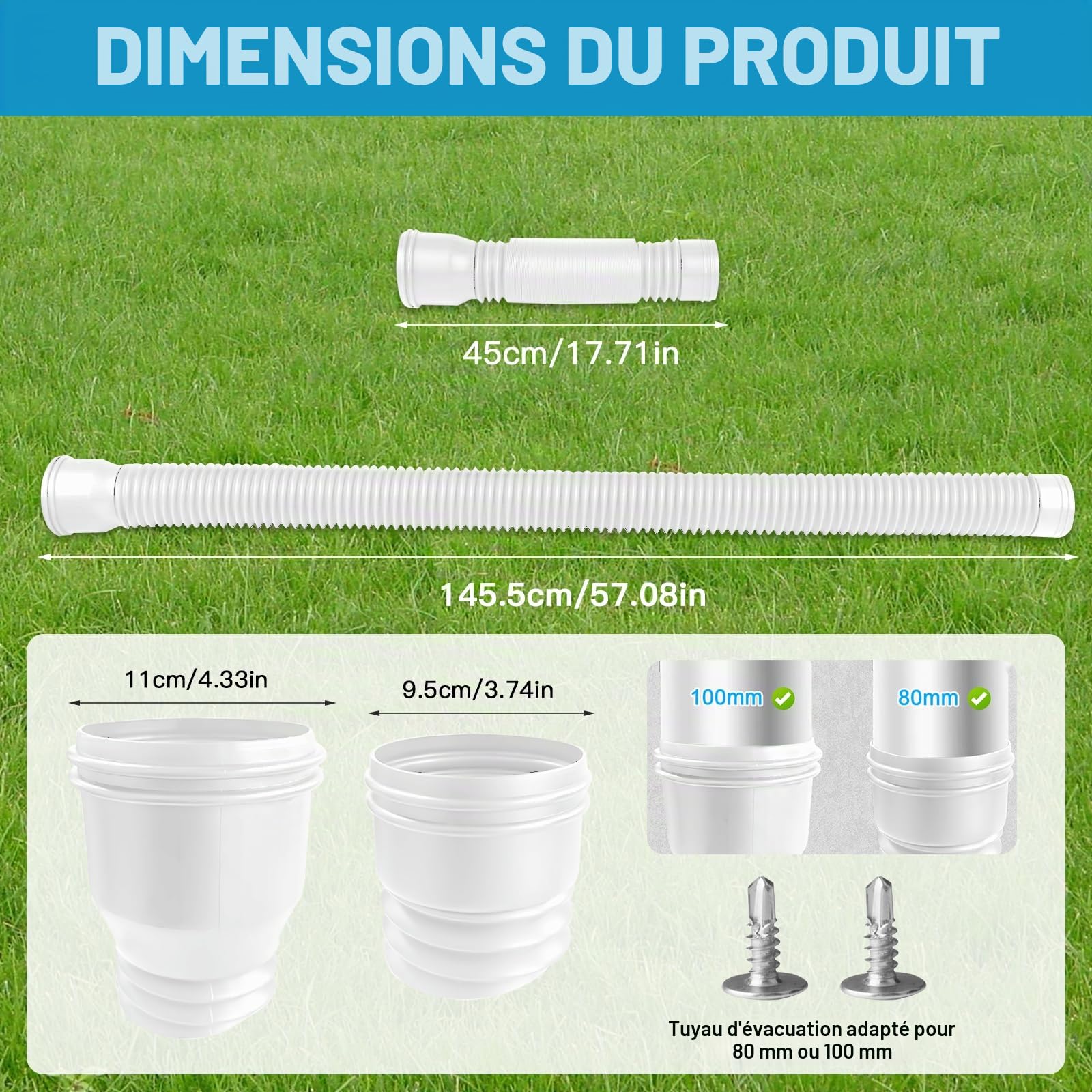 Canaux de Toit, Tuyau de Descente, Extension de Gouttières 150 cm Extensions de Tuyaux de Découverte Rainpale, Kit Flexible, Fossé de Pluie, Extension de la Pelouse (1 Blanc)