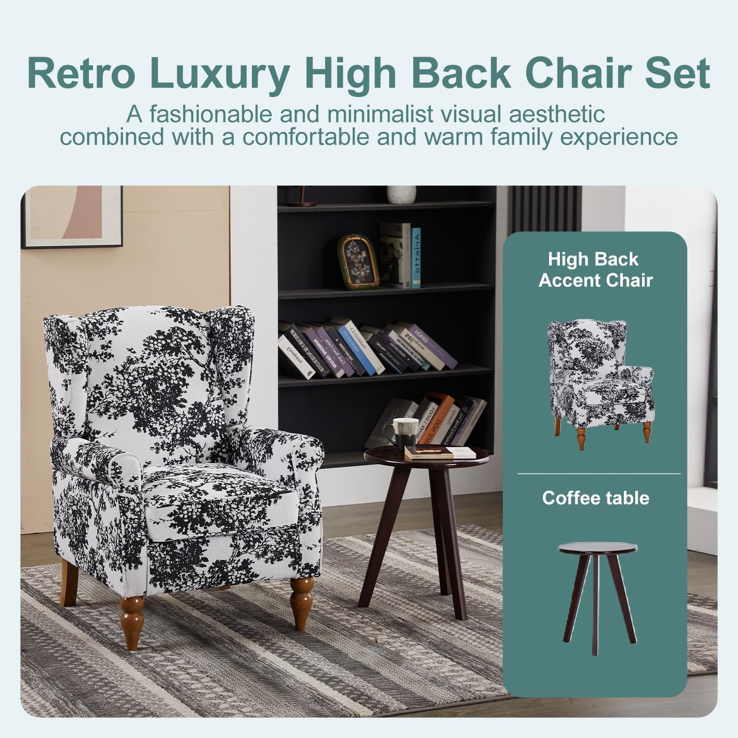 Coffee Table & Armchair Set,Vintage Luxury Style, a high-Back Reading Chair& a Solid Wood Coffee Table, Suitable for Living Rooms and Bedroom Relaxation Areas. (Antique White+Gray)