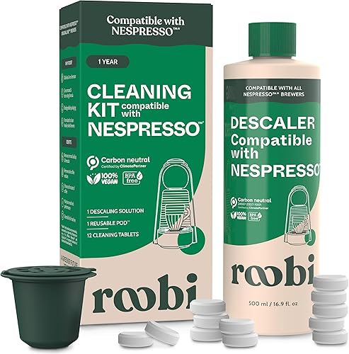 Roobi Kit de descalcificación y limpieza para Nespresso Originaline. Incluye 1 botella de solución de descalcificación, 12 tabletas de limpieza y 1