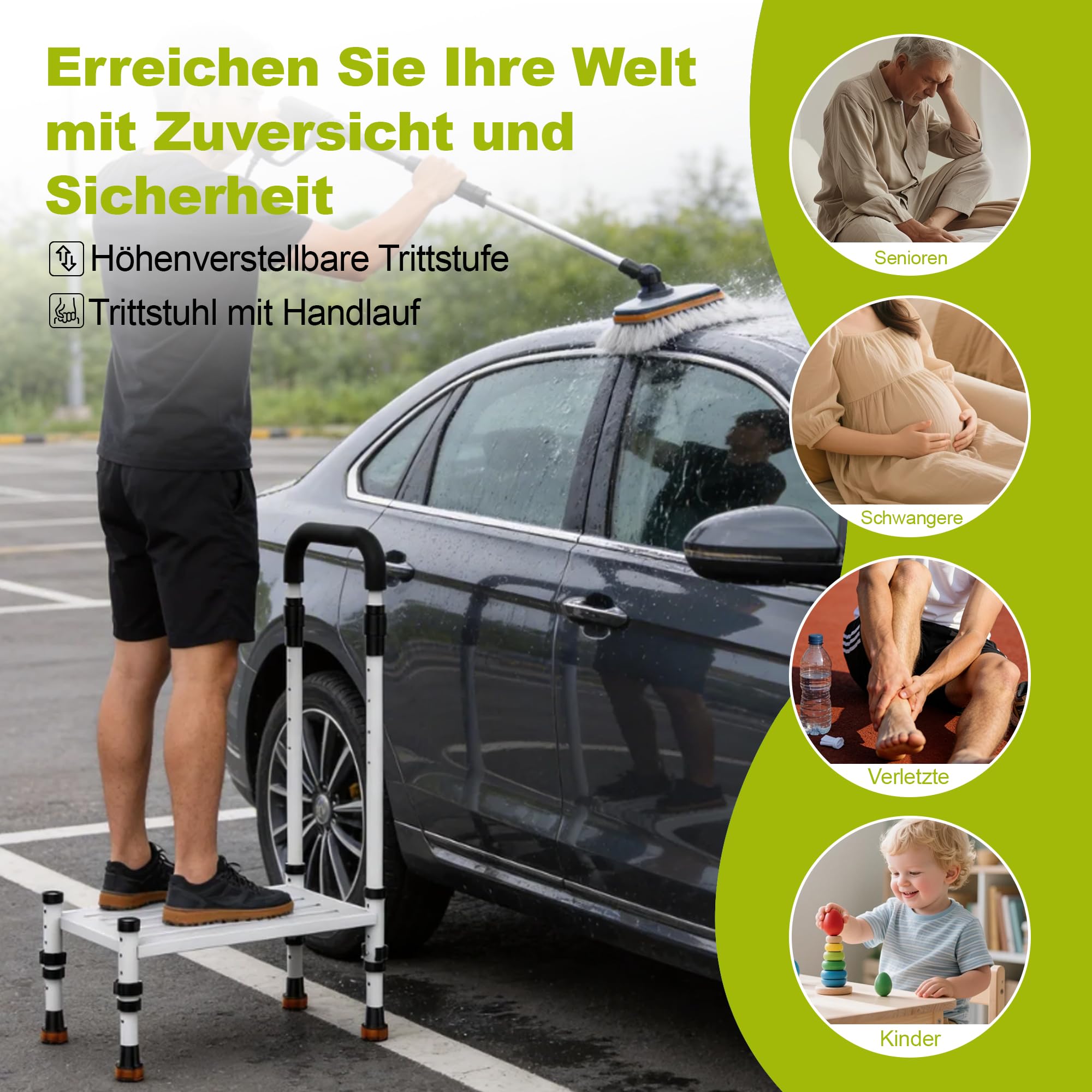 Trittstufe für Senioren mit Griff, höhenverstellbar, rutschfest | Robuste Aufstiegshilfe für Innenbereich, Auto, SUV & Wohnmobil, geeignet für Kinder, Erwachsene & Senioren, Tragkraft 360 kg
