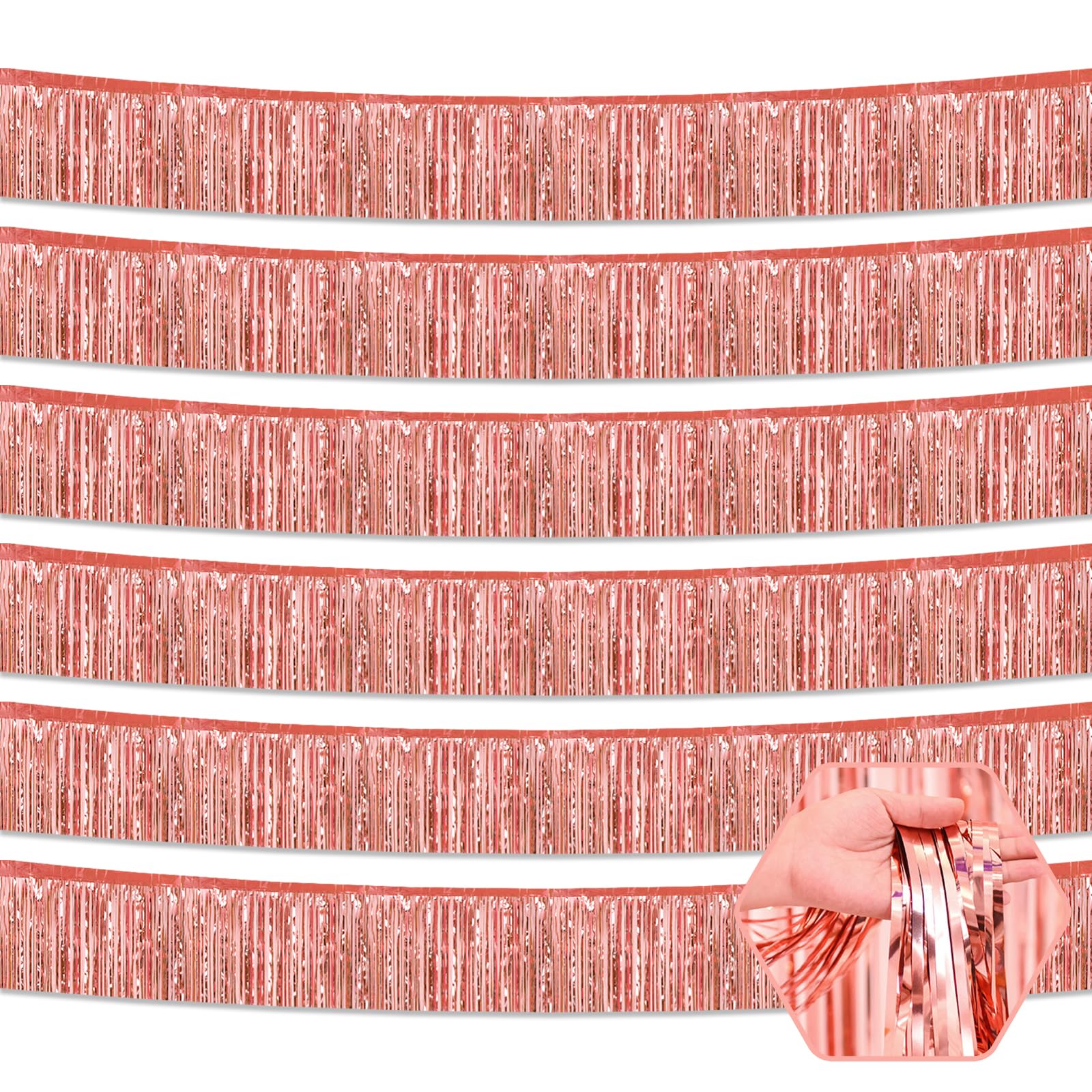 6 Pack 10 Feet Rose Gold Foil Fringe Garland Metallic Tinsel Streamers Banner Wall Hanging Curtain Backdrop for Parade Floats, Birthday, Graduate, Mother's Day, Wedding Party Decoration