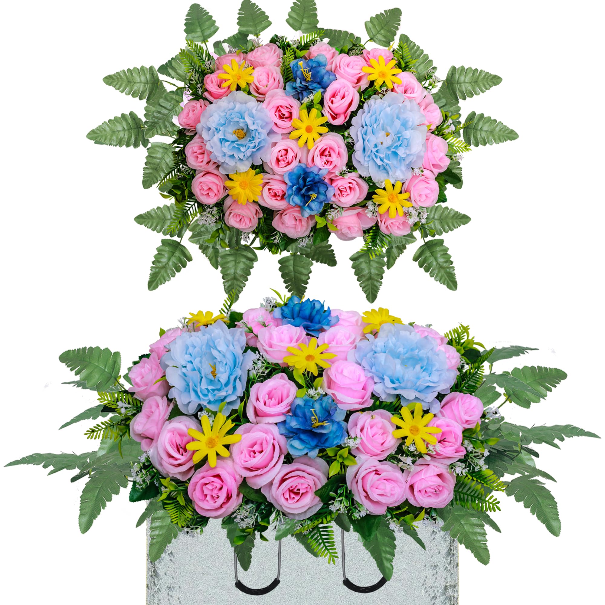 Artificial Cemetery Flower Saddles for Graves,Outdoor Grave Saddle Headstone Decorations,Artificial Rose Bouquet Grave Memorial Flowers for Grave Decorations (Light Pink Rose, Saddle)