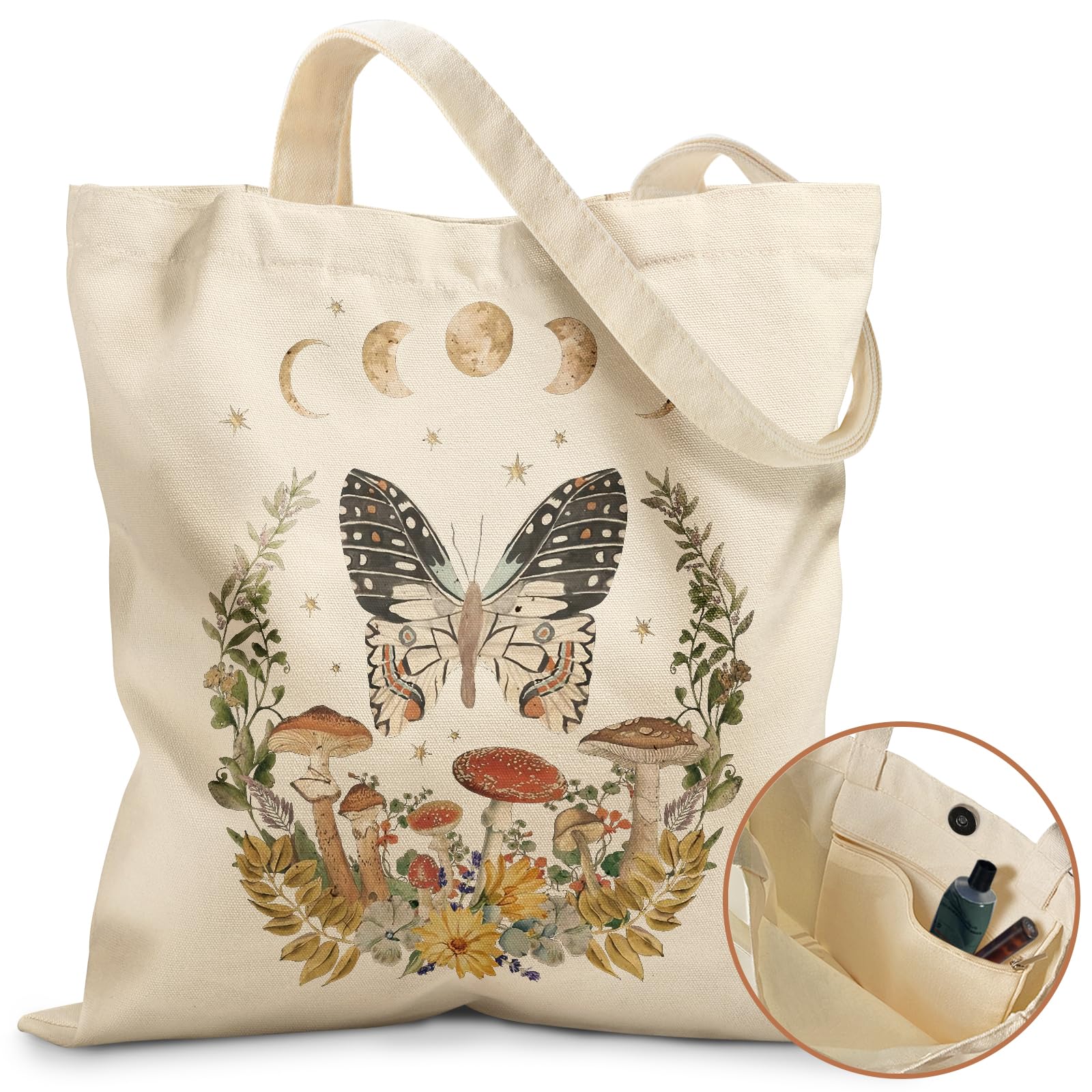 Aesthetic Tote Bag for Girls - with Magnetic Buckle and Zipper Inner Pocket for Women Lady Canvas Cotton Tote Bag