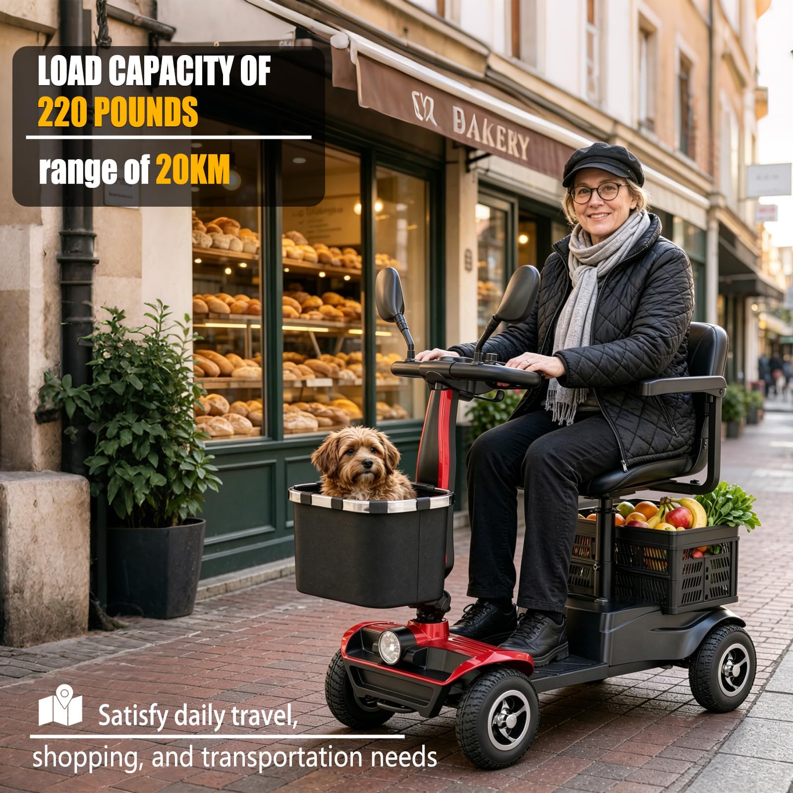 Scooter de movilidad eléctrico plegable de 4 ruedas para personas mayores | Batería extraíble, asiento giratorio, luz LED, cestas de la compra, 6 km/h, autonomía 20 km