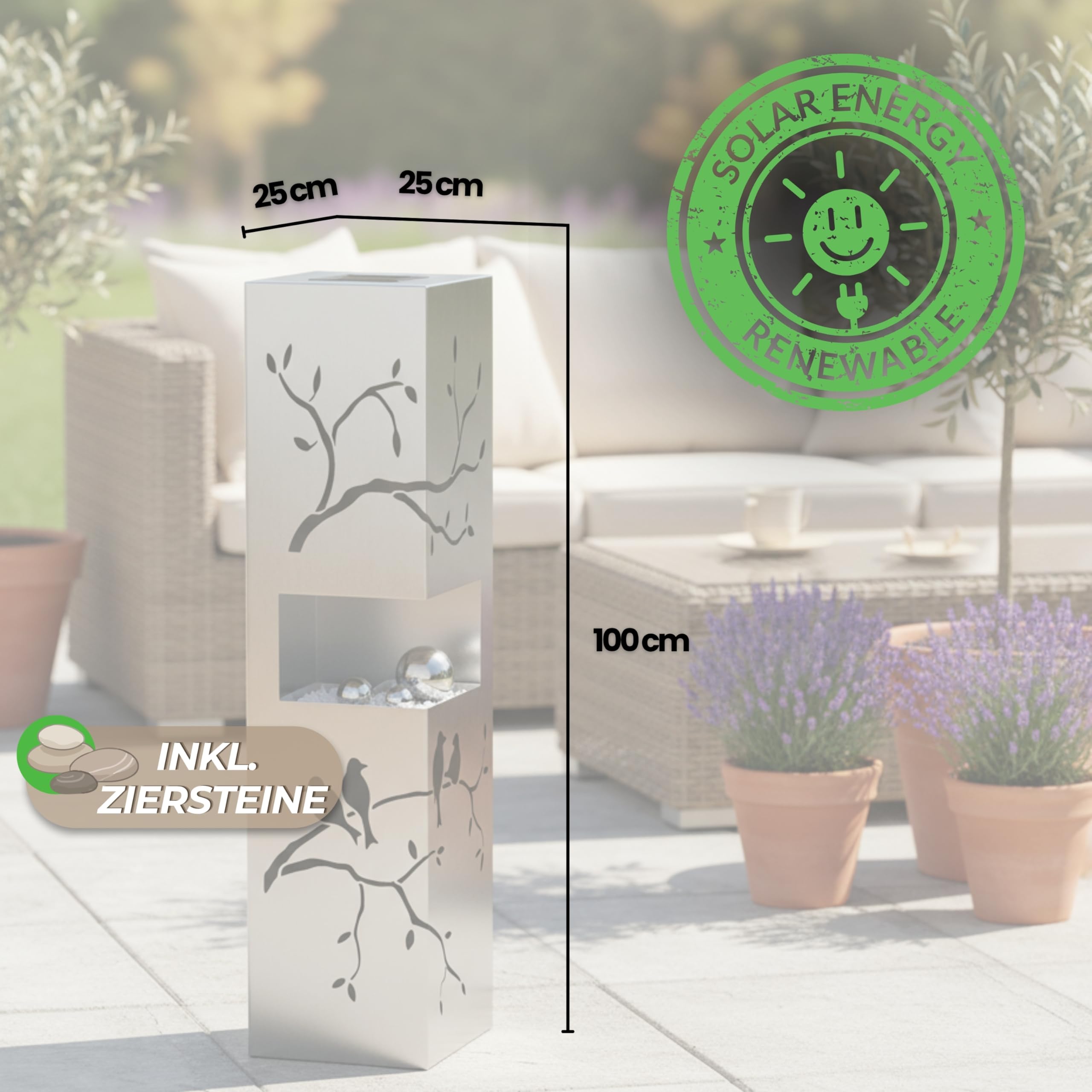 Solar LED Dekosäule 25 LEDs – Gartendeko für draußen wetterfest | Zweige-Motiv mit Schattenspiel – Deko Haustür & Solarleuchten Garten aus Edelstahl Silbergrau 100cm hoch Deko Garten & Terrassen