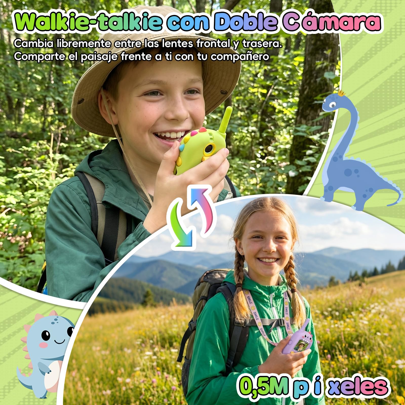 Cámara Doble Walkie Talkie Niños con Videollamada, Paquete de 2 Walkie Talkies Recargable, Largo Alcance & 4 Efectos de Voz Juguetes, Regalo de Cumpleaños para Niños & Niñas de 3 a 12 Años