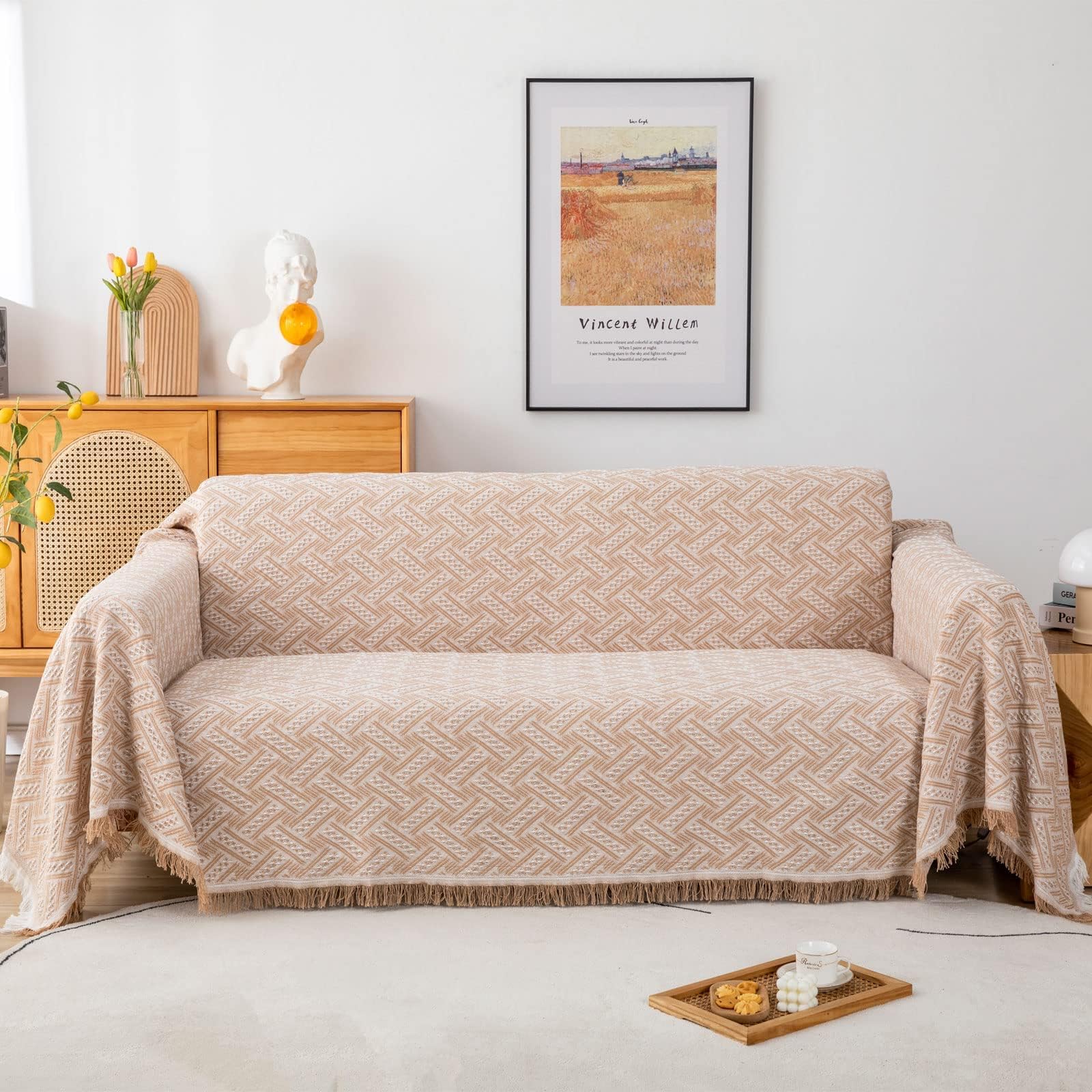 Sofa Cover, Couch Cover, Throws for Sofas Large 2-3 Seater Sofa Throw Blanket Knitted Fringed Reversible Versatile Blanket Throw for Couch Sofa Bed Chair 180x230cm, Beige