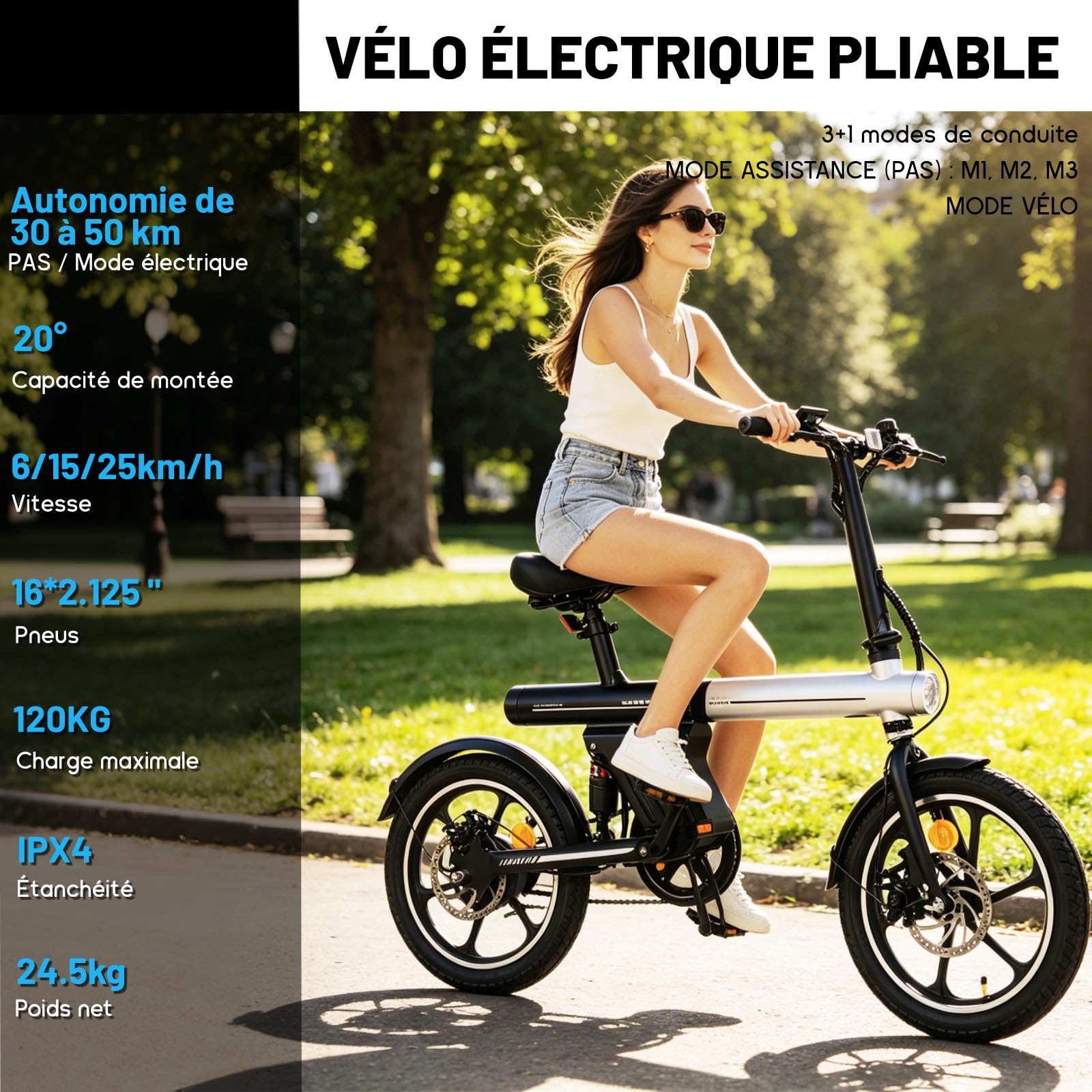 16" Vélo Électrique Adulte Ados - Autonomie 30-50km Velo Electrique Pliable,Ebike VTT Tout-Terrain,36V 12.8Ah Batterie,Double Disque E-Bike,3 Speed Modes Vélo électrique Hommes