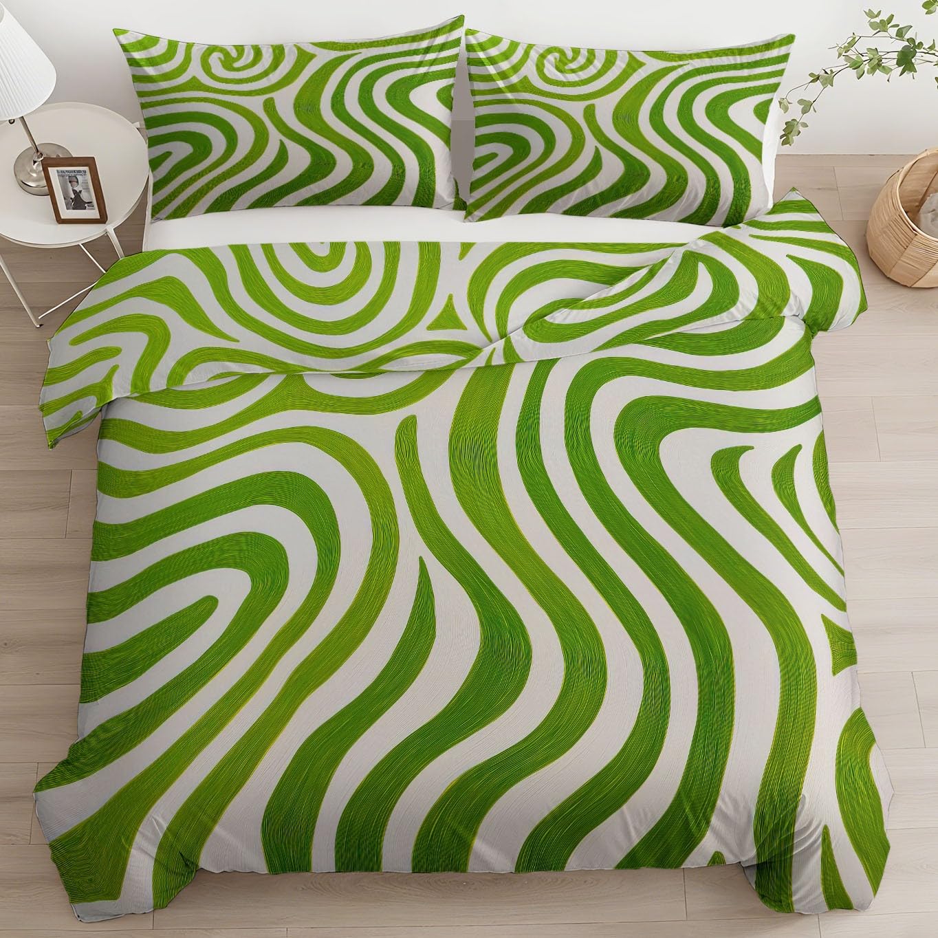 Generico Set Copripiumino Matrimoniale Strisce Ondulate Verdi Astratte 150 x 220 cm - Parure Letto con Motivo Stampato Morbida e Confortevole, Copripiumino Bianco-Verde Traspirante con Federe