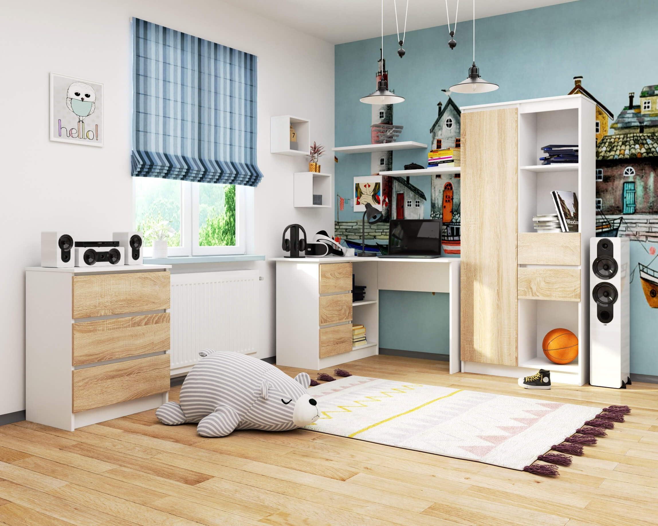 AKORD Hoekbureau B-16 met 3 laden en 2 planken, bureau