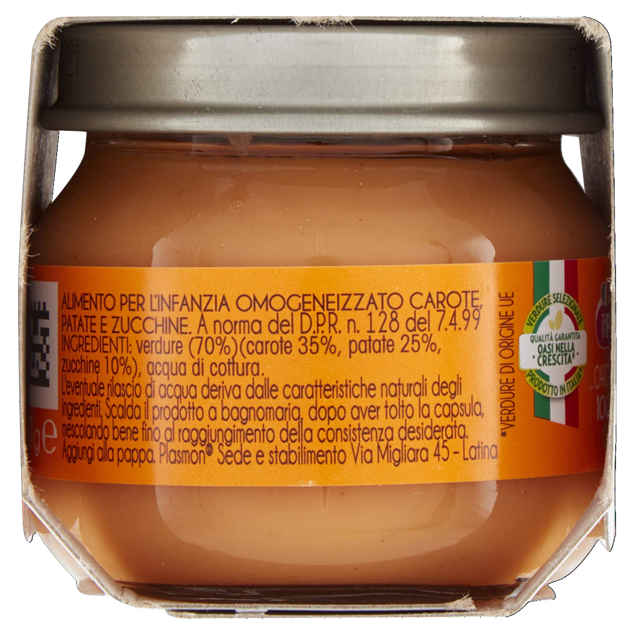Plasmon Omogeneizzato Verdura Carote, patate e zucchine 80g 24 Vasetti Con verdure selezionate 100% naturale, senza amidi e sale aggiunti
