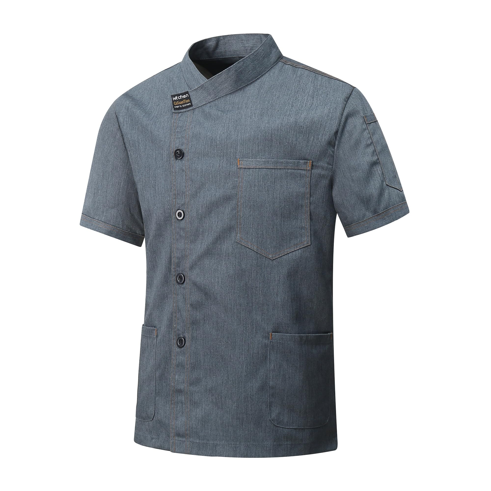 Veste de Cuisine Hommes Manches Courtes Cuisinier Chef Uniforme Professionnel Veste Unisexe Hôtel Cuisine Léger Respirante Chef Vêtement Restaurant Uniforme avec 3 Poches