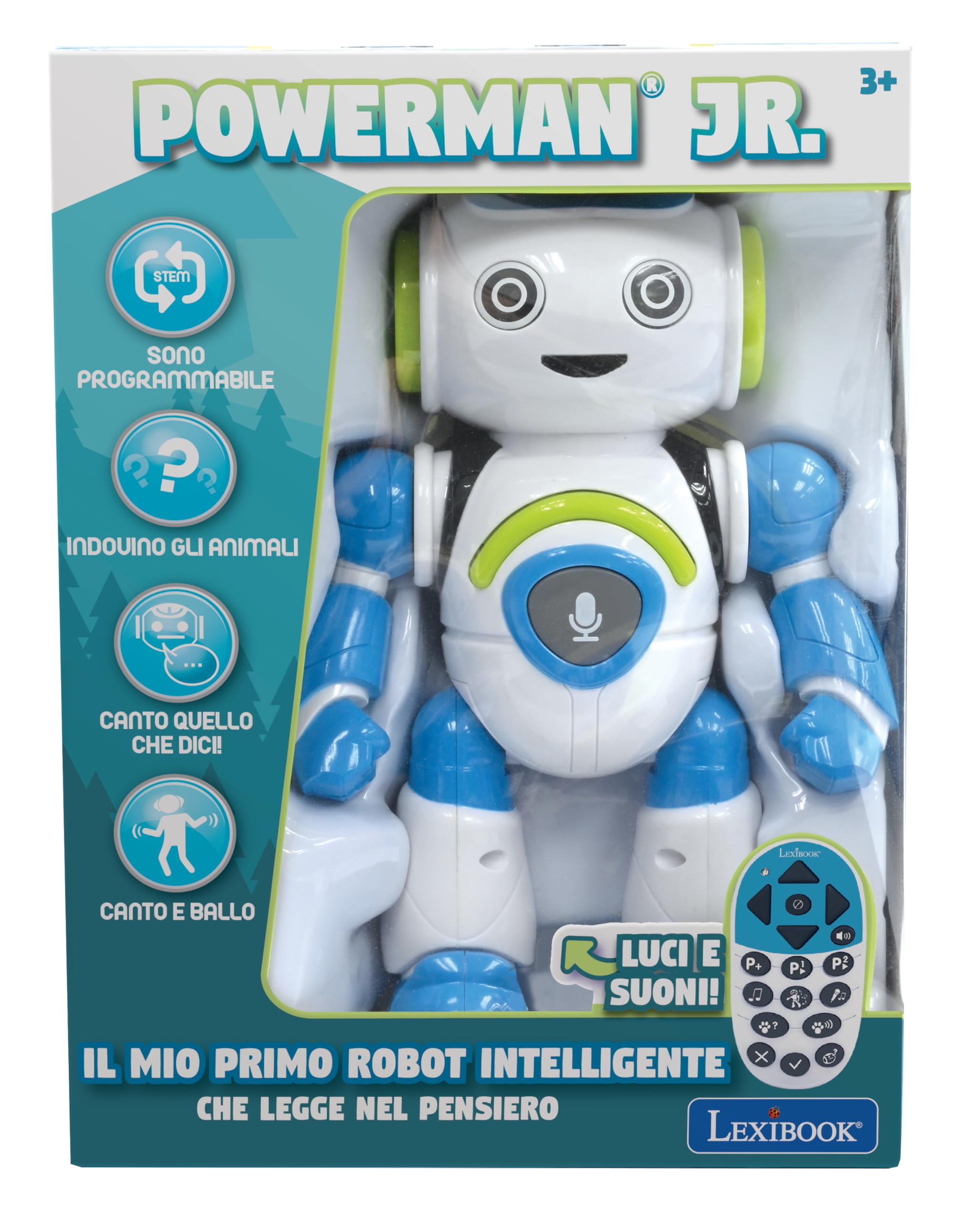 Lexibook, Powerman Jr., Robot giocattolo intelligente interattivo che legge nella mente giocattolo per bambini che ballano musica, Blu, ROB20IT