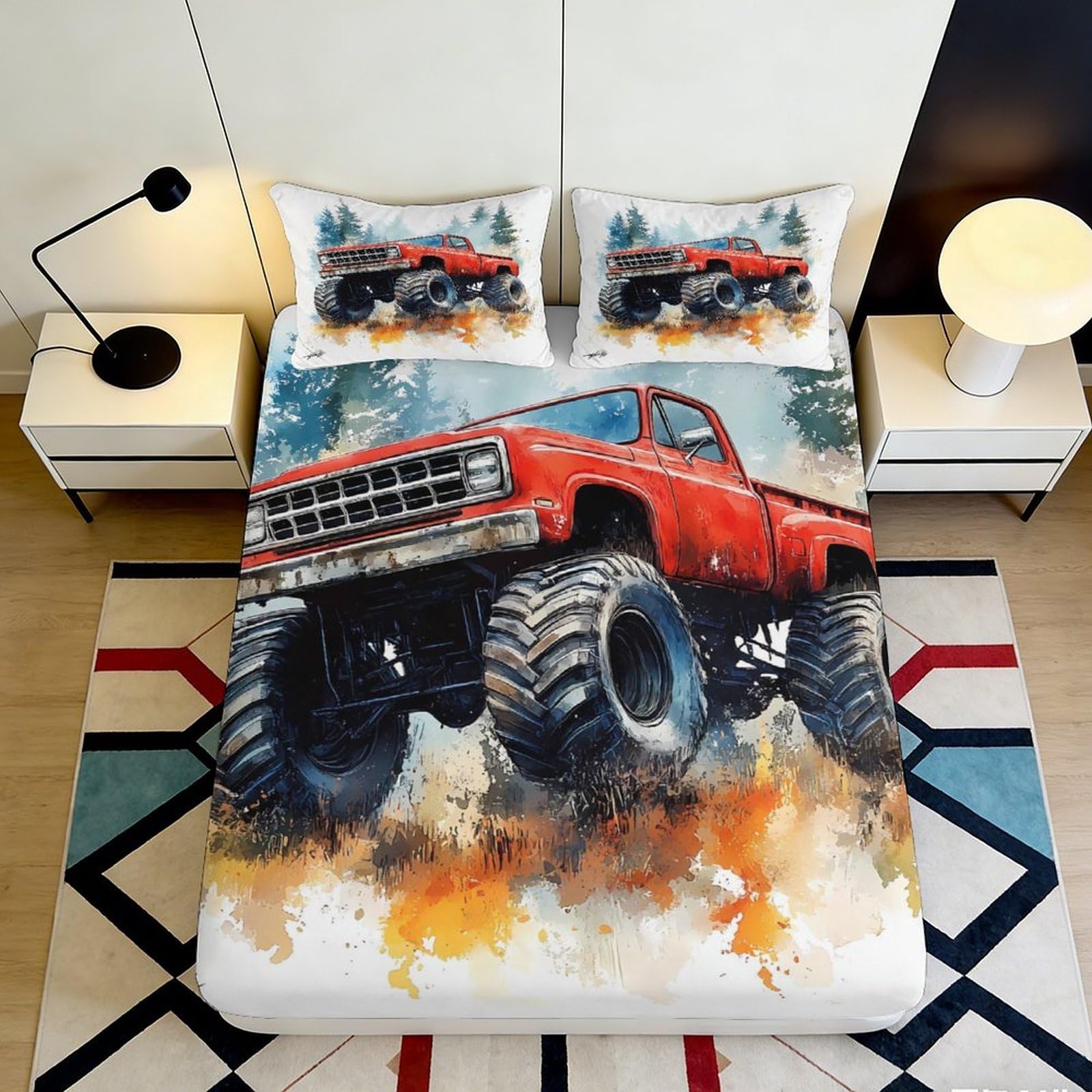 3D Printed Red Monster Truck Fitted Sheet Microfiber Soft Anti-Slip Forest Off-Road Bed Cover for Bedroom Guest Room 90x200x25cm