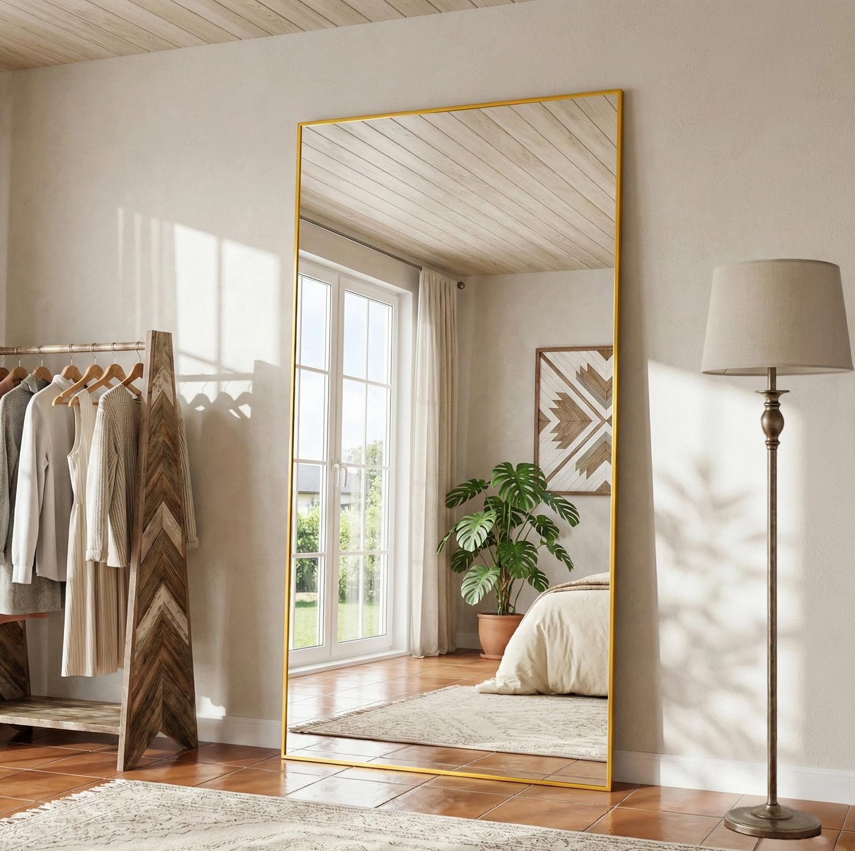 Photo 1 of LadyNow Full Length Mirror, 90"x46" Floor Mirror Freestanding, Oversized Floor Standing Mirror Full Body Mirrors with Stand for Bedroom, Hanging Mounted Mirrors for Living Room Cloakroom, Gold, Rect