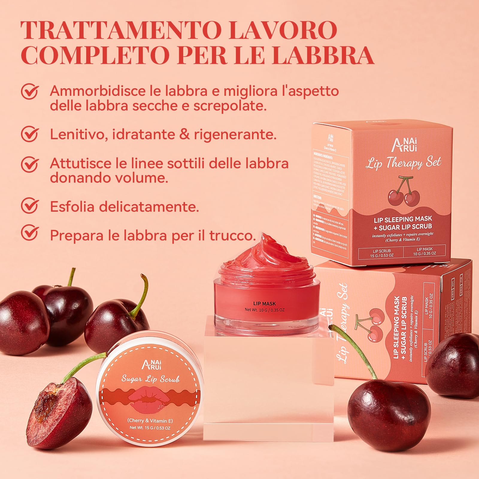 ANAiRUi Set di maschera per labbra e peeling per labbra Cherry