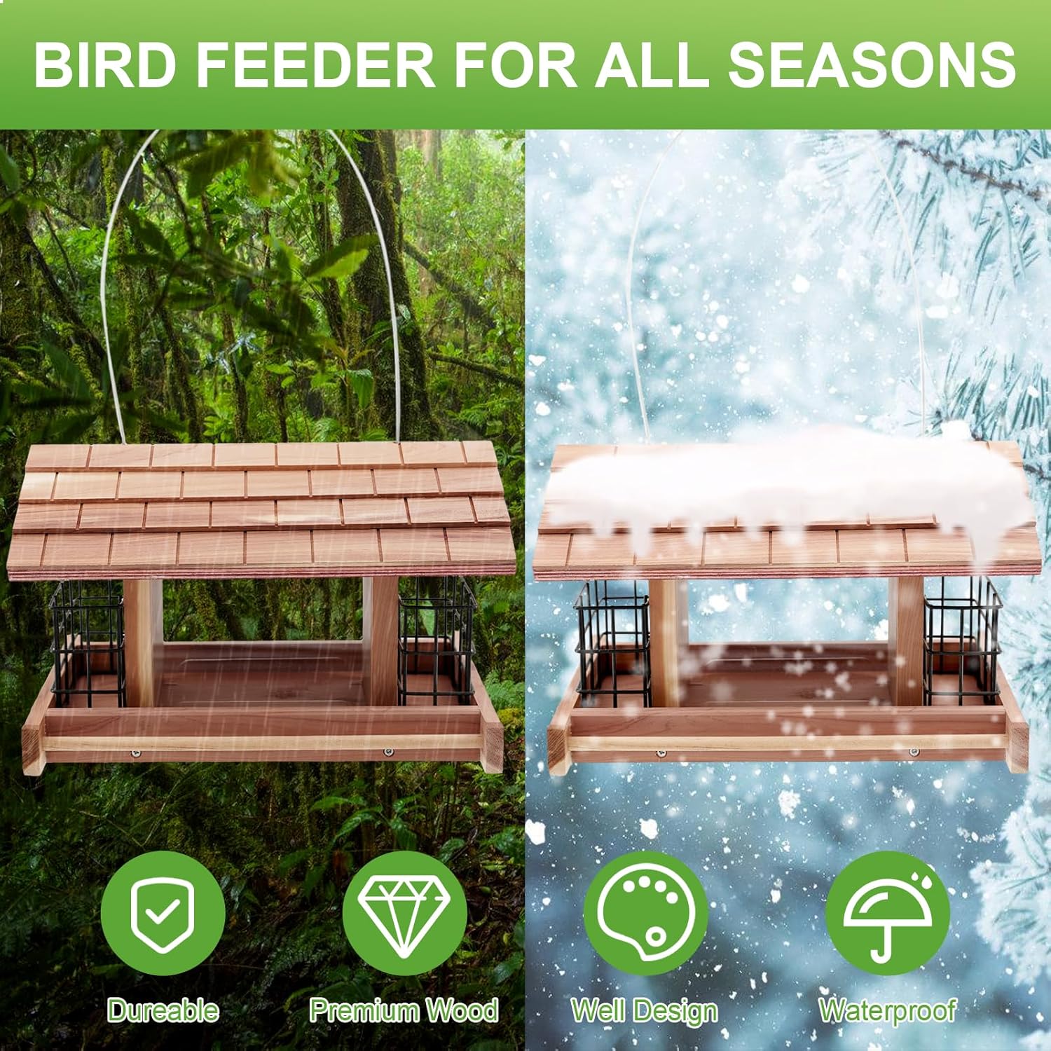 Wooden Bird Feeder for Outdoors Hanging Mount Large Capacity, Red Cedar Garden Roof Feeder with 2 Suet Cages, Cardinal Bluebird Birdfeeder for Garden Decoration Yard, Weatherproof Durable - Image 4