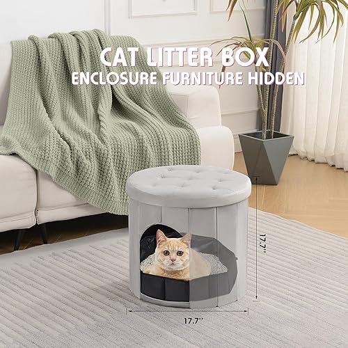 Miniatura 2 de MEEXPAWS Caja de arena para gatos, muebles ocultos con caja de arena plegable, gabinete de baño para gatos, gabinete redondo de terciopelo de 17.7