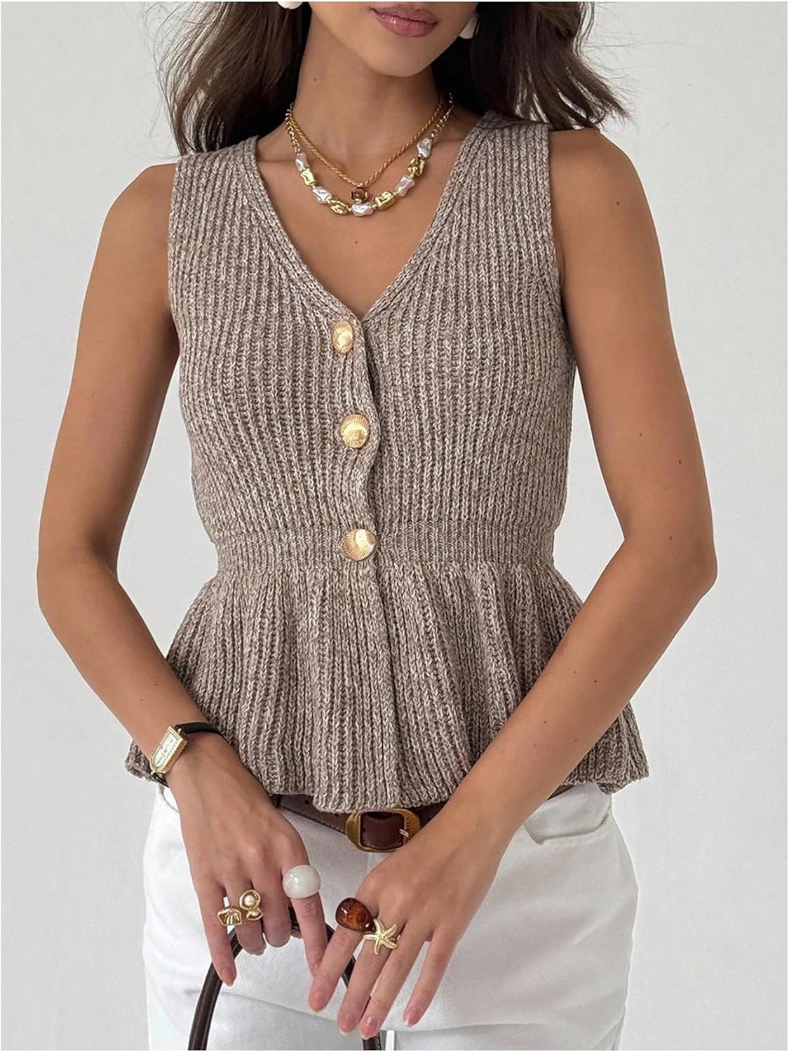 SweatyRocks Women's Button Down V Neck Sleeveless Ruffle Hem Sweater Vest Dressy Casual Knitted Peplum Tops - Image 4